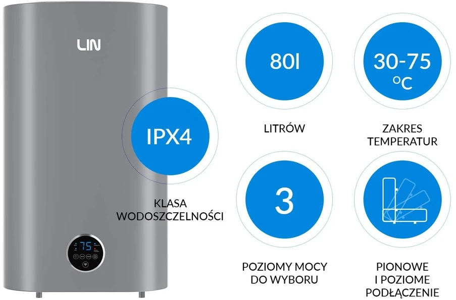 LIN LIFVD1SMGY 80L UNIVERSAL pilkas elektrinis vandens šildytuvas su „Wi-Fi“