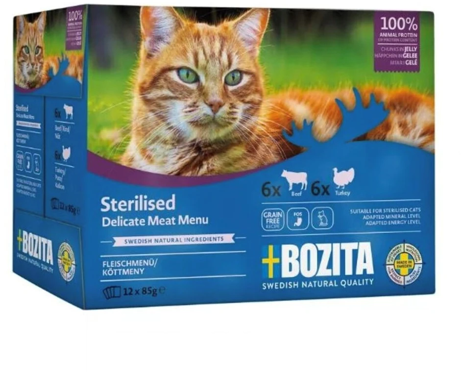 BOZITA sterilizuoti gabaliukai drebučiuose su mėsa – drėgnas kačių maistas -12 x 85g