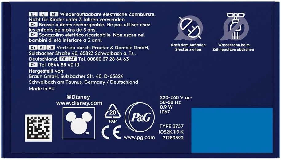 Braun Oral-B iO Kids pakuotės nugarėlė su technine informacija