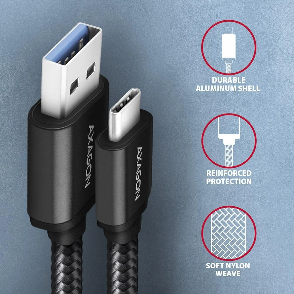 Axagon duomenų ir įkrovimo USB 3.2 Gen 1 kabelis, kurio ilgis 1 m. 3A. Juodas pynė.