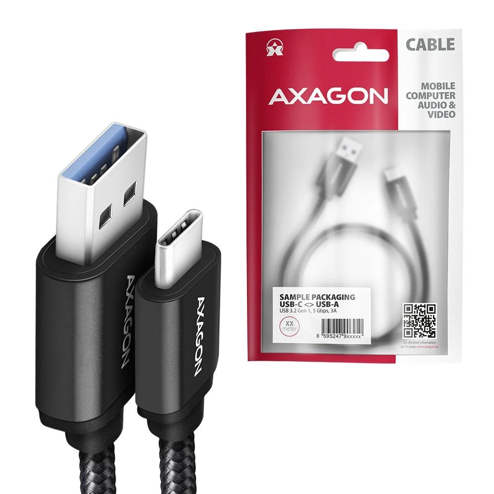 Axagon duomenų ir įkrovimo USB 3.2 Gen 1 kabelis, kurio ilgis 1 m. 3A. Juodas pynė.