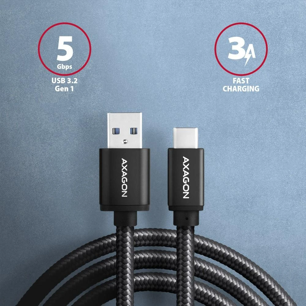 Axagon duomenų ir įkrovimo USB 3.2 Gen 1 kabelis, kurio ilgis 1 m. 3A. Juodas pynė.