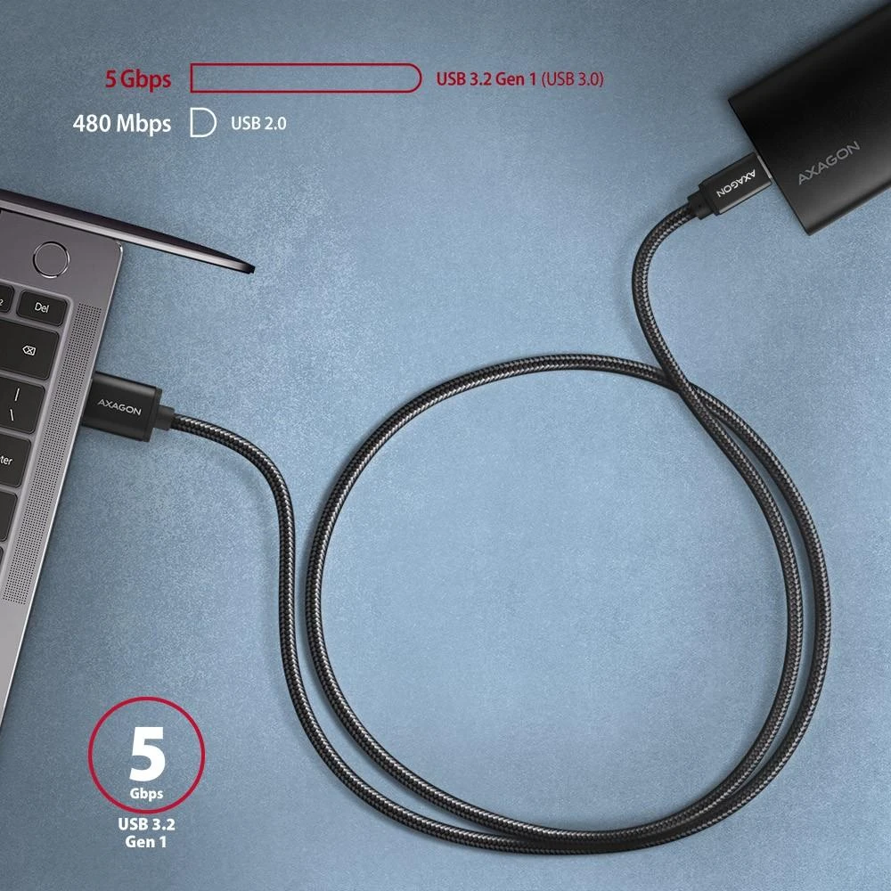 Axagon duomenų ir įkrovimo USB 3.2 Gen 1 kabelis, kurio ilgis 1 m. 3A. Juodas pynė.