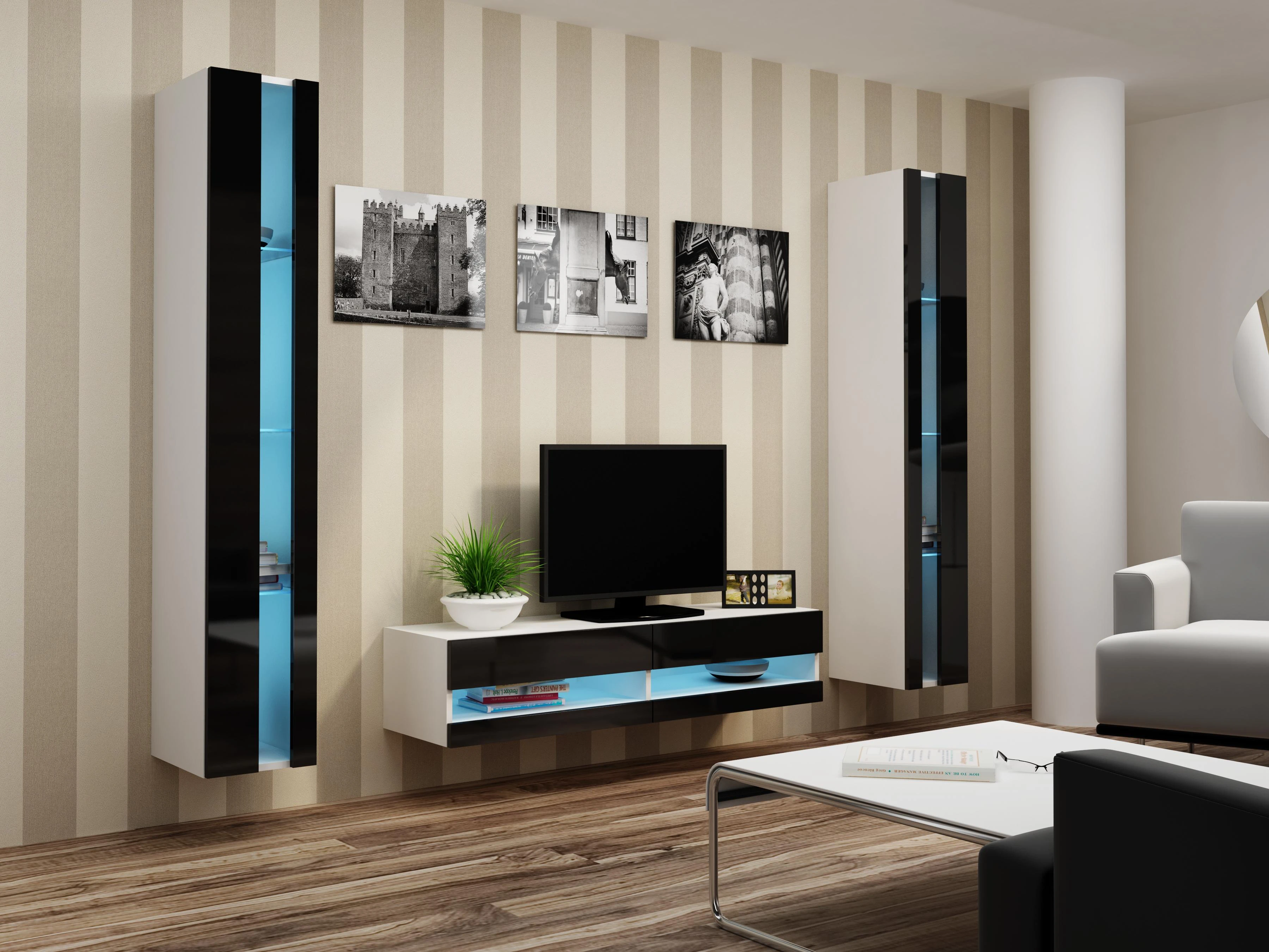 Cama Meble Sieninė lentyna 180 VIGO, 180/40/30, (spalva: Balta/Blizgi juoda)
