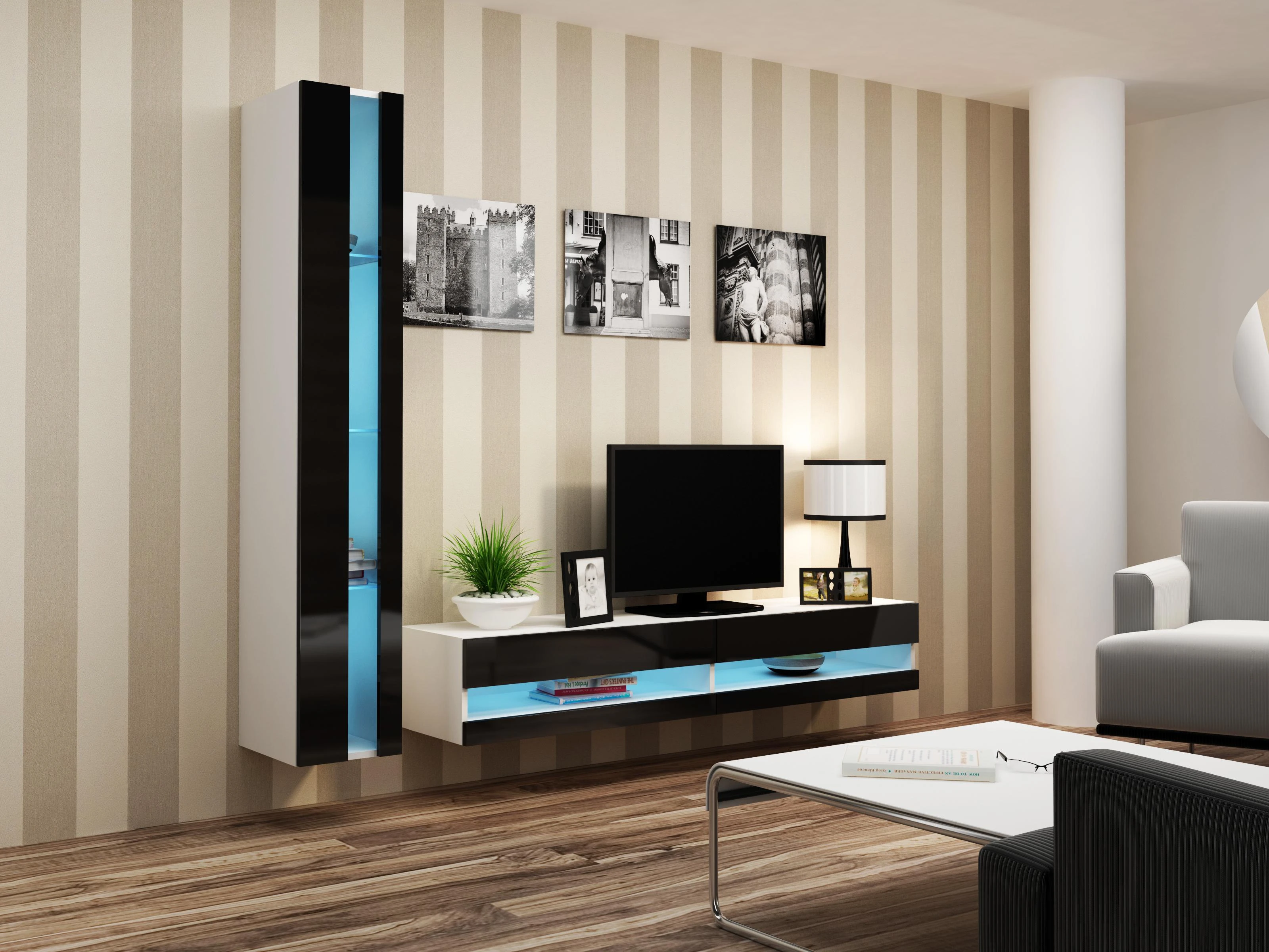 Cama Meble Sieninė lentyna 180 VIGO, 180/40/30, (spalva: Balta/Blizgi juoda)
