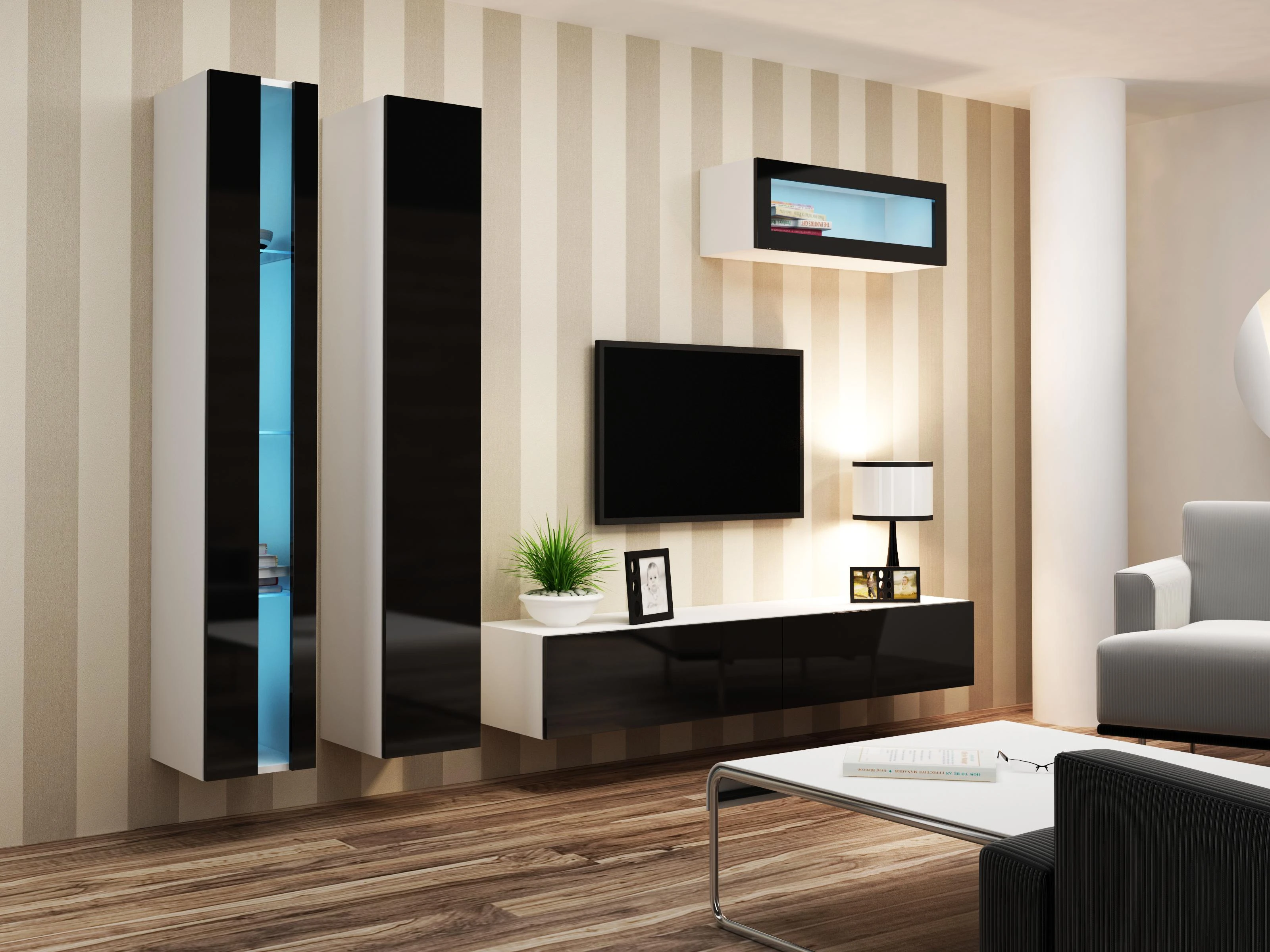 Cama Meble Sieninė lentyna 180 VIGO, 180/40/30, (spalva: Balta/Blizgi juoda)