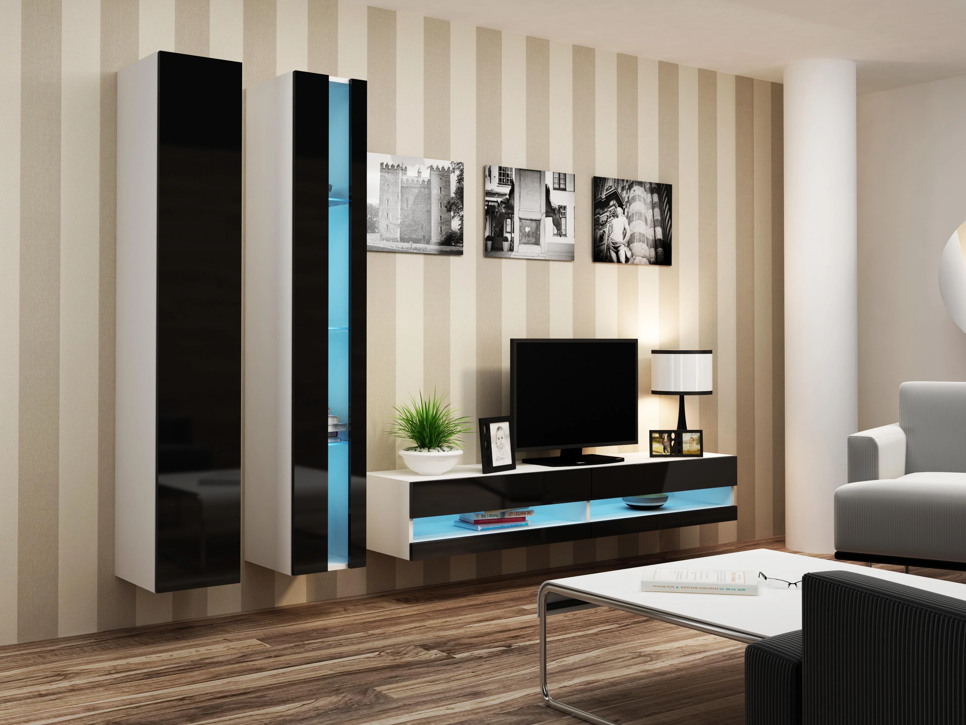 Cama Meble Sieninė lentyna 180 VIGO, 180/40/30, (spalva: Balta/Blizgi juoda)