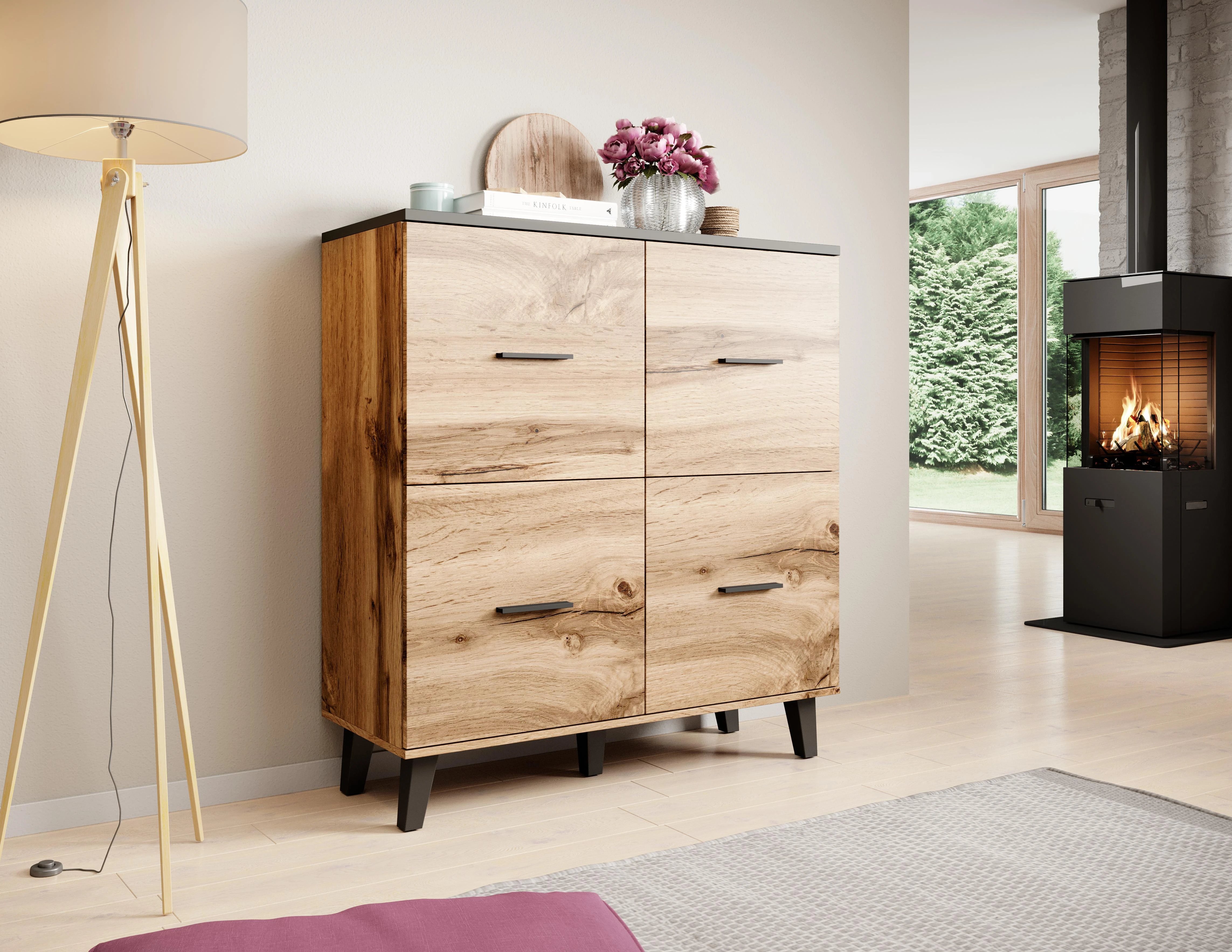 Cama Meble Komoda - Cama Lotta 110 4D Wotan Ąžuolas + Matinė Juoda