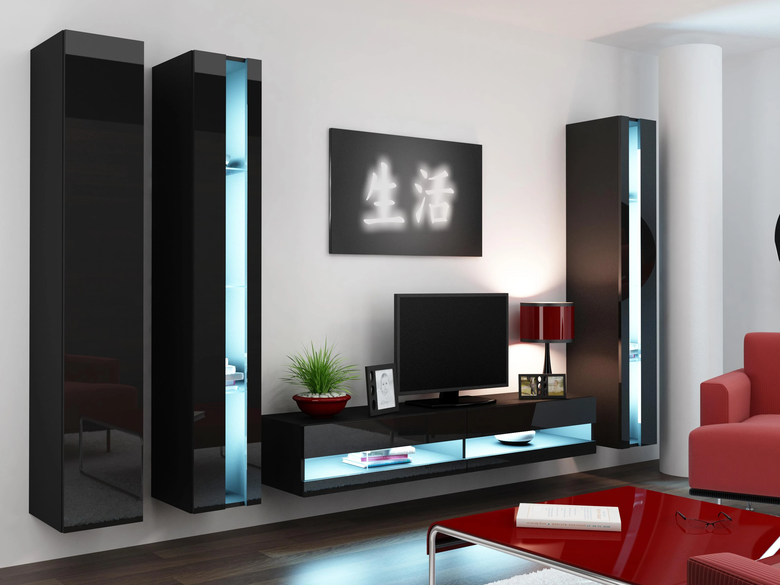 Cama Meble Sieninė lentyna 180 VIGO, 180/40/30, (spalva: Juoda/Blizgi juoda)