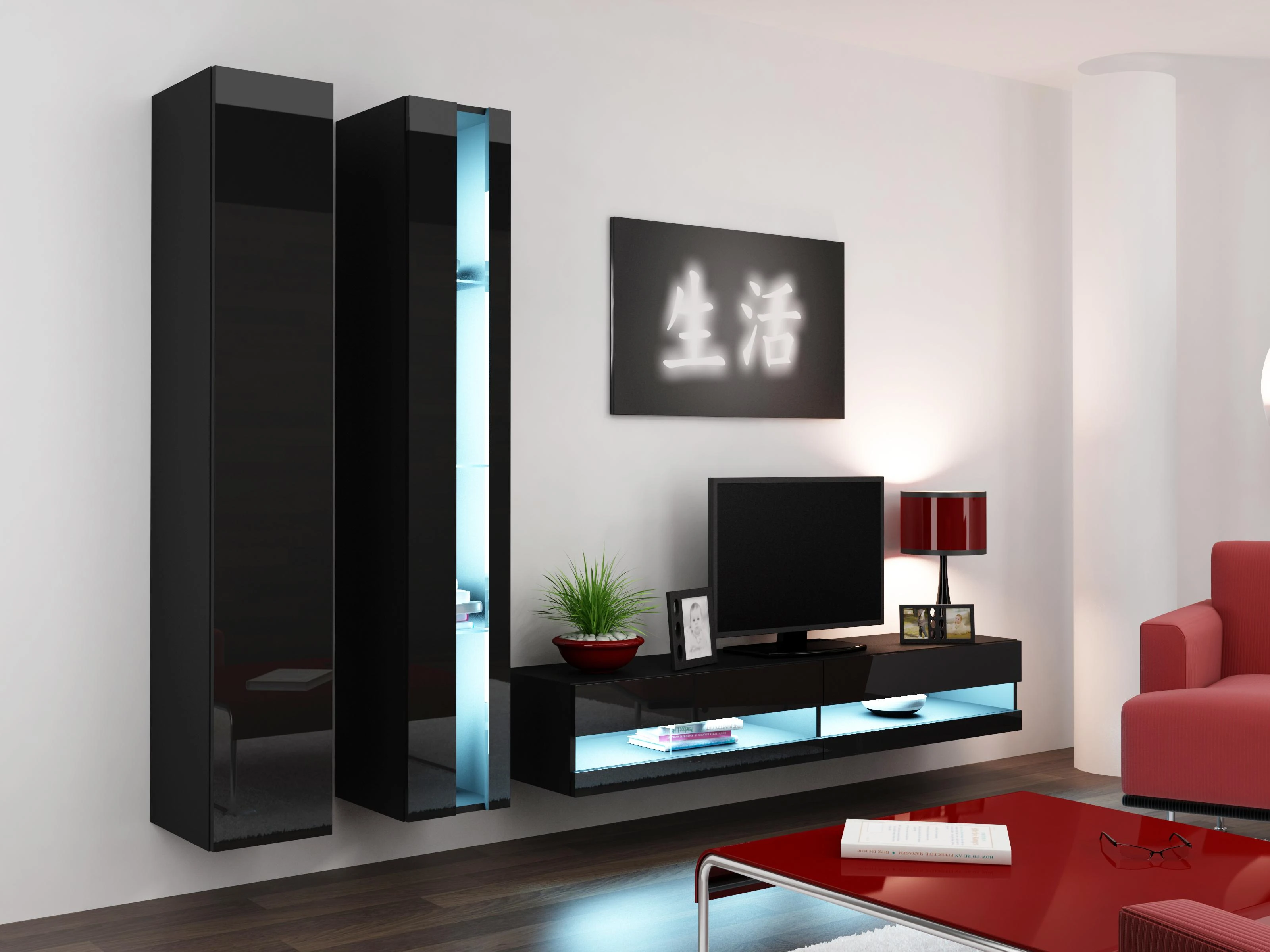 Cama Meble Sieninė lentyna 180 VIGO, 180/40/30, (spalva: Juoda/Blizgi juoda)