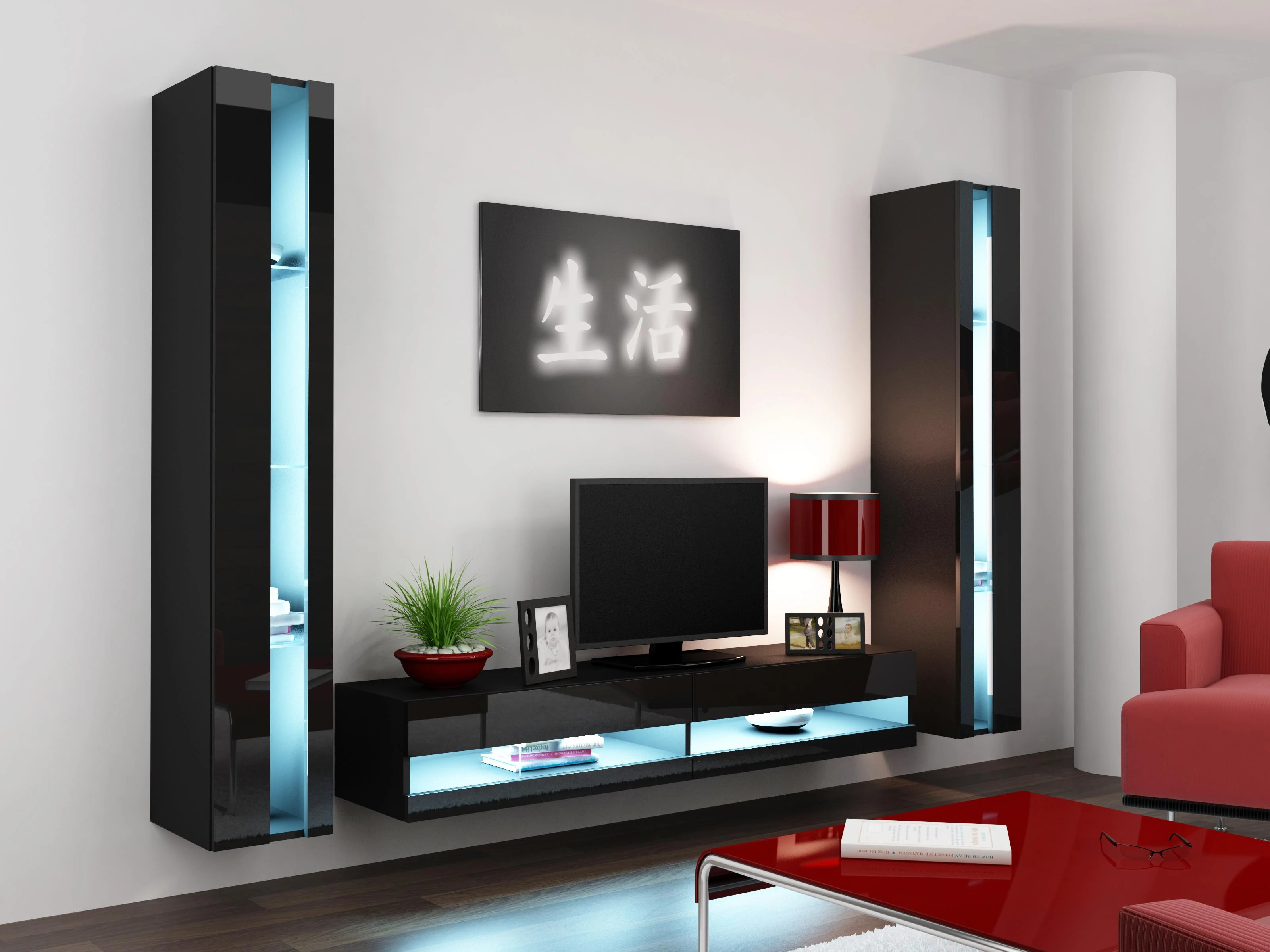 Cama Meble Sieninė lentyna 180 VIGO, 180/40/30, (spalva: Juoda/Blizgi juoda)
