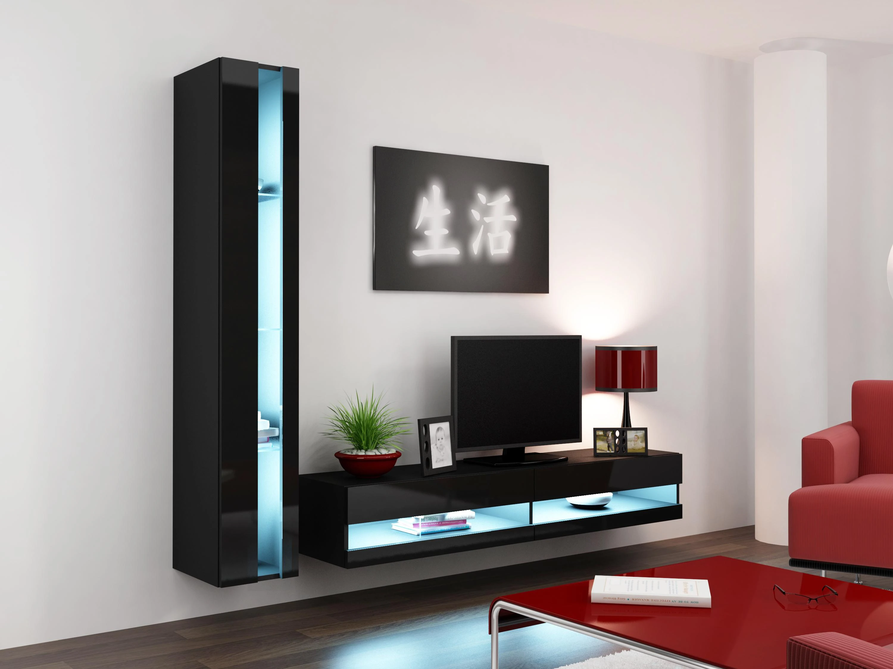 Cama Meble Sieninė lentyna 180 VIGO, 180/40/30, (spalva: Juoda/Blizgi juoda)