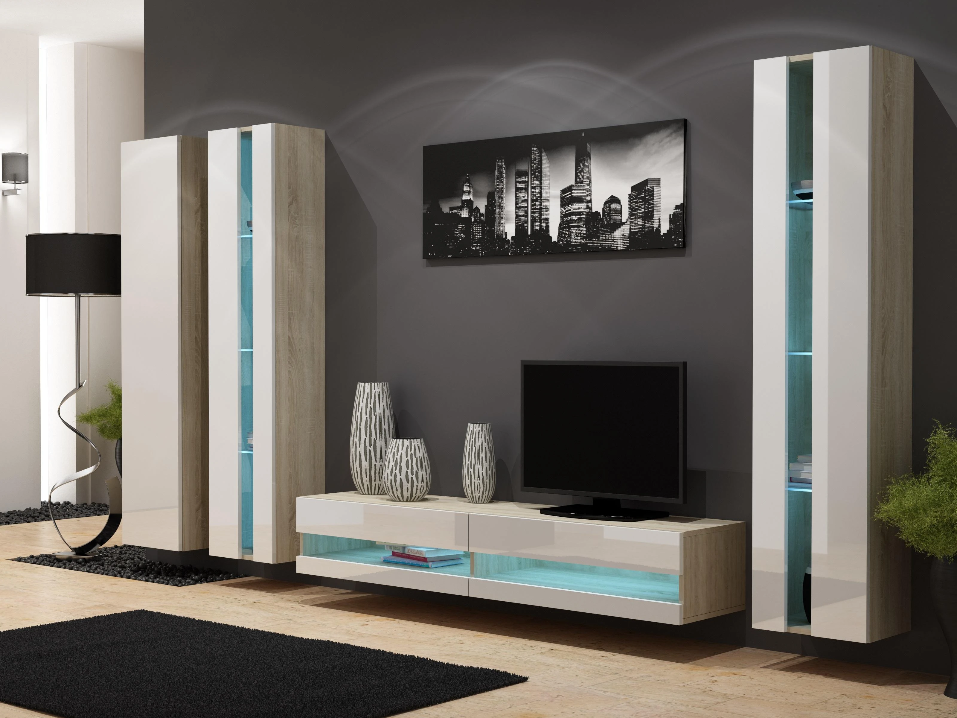 Cama Meble Sieninė lentyna WIO180 VIGO, 180/40/30, (spalva: Sonomos ąžuolas/Blizgi balta)