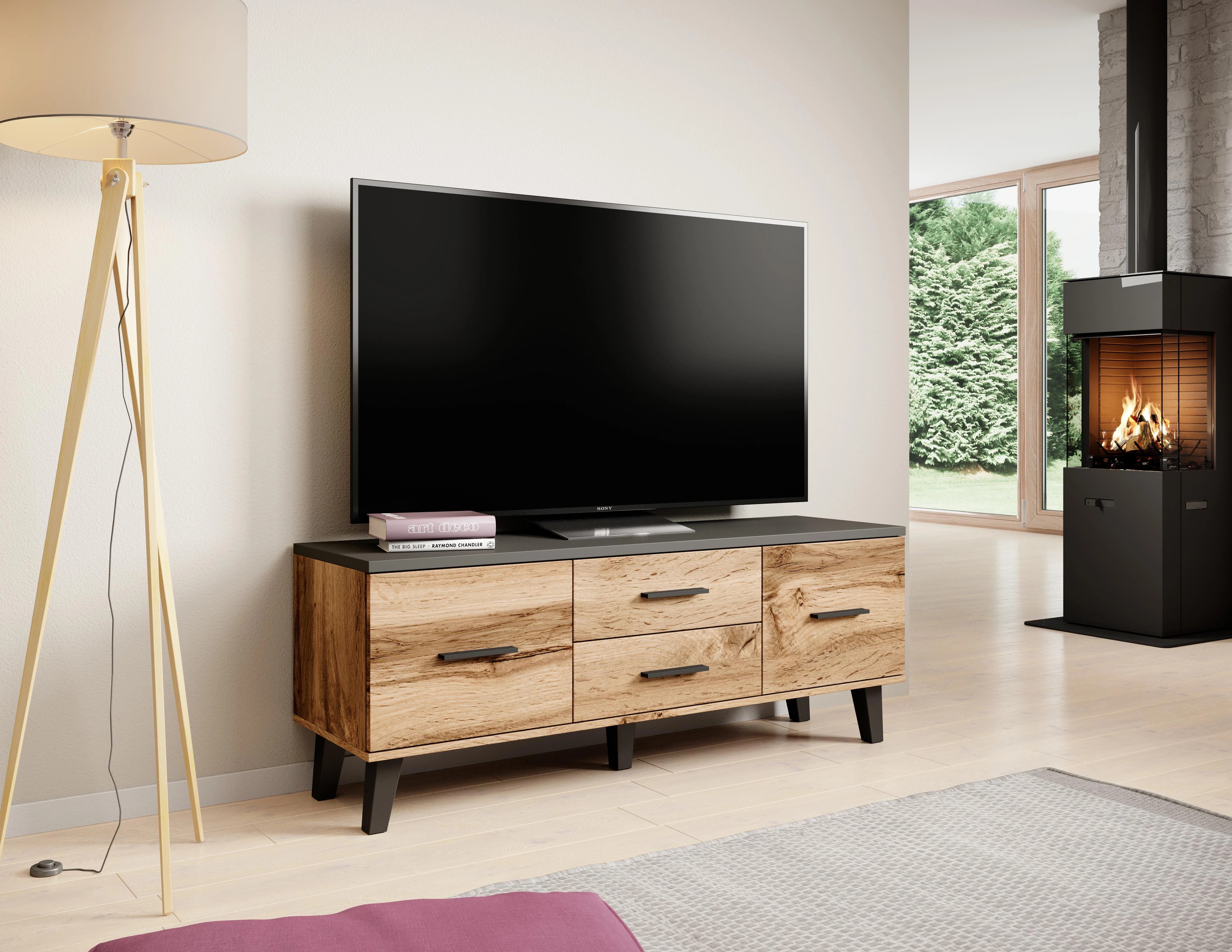 Cama Meble TV Stovas - Cama Lotta 140 Cm Wotan Ąžuolas Matinė Juoda