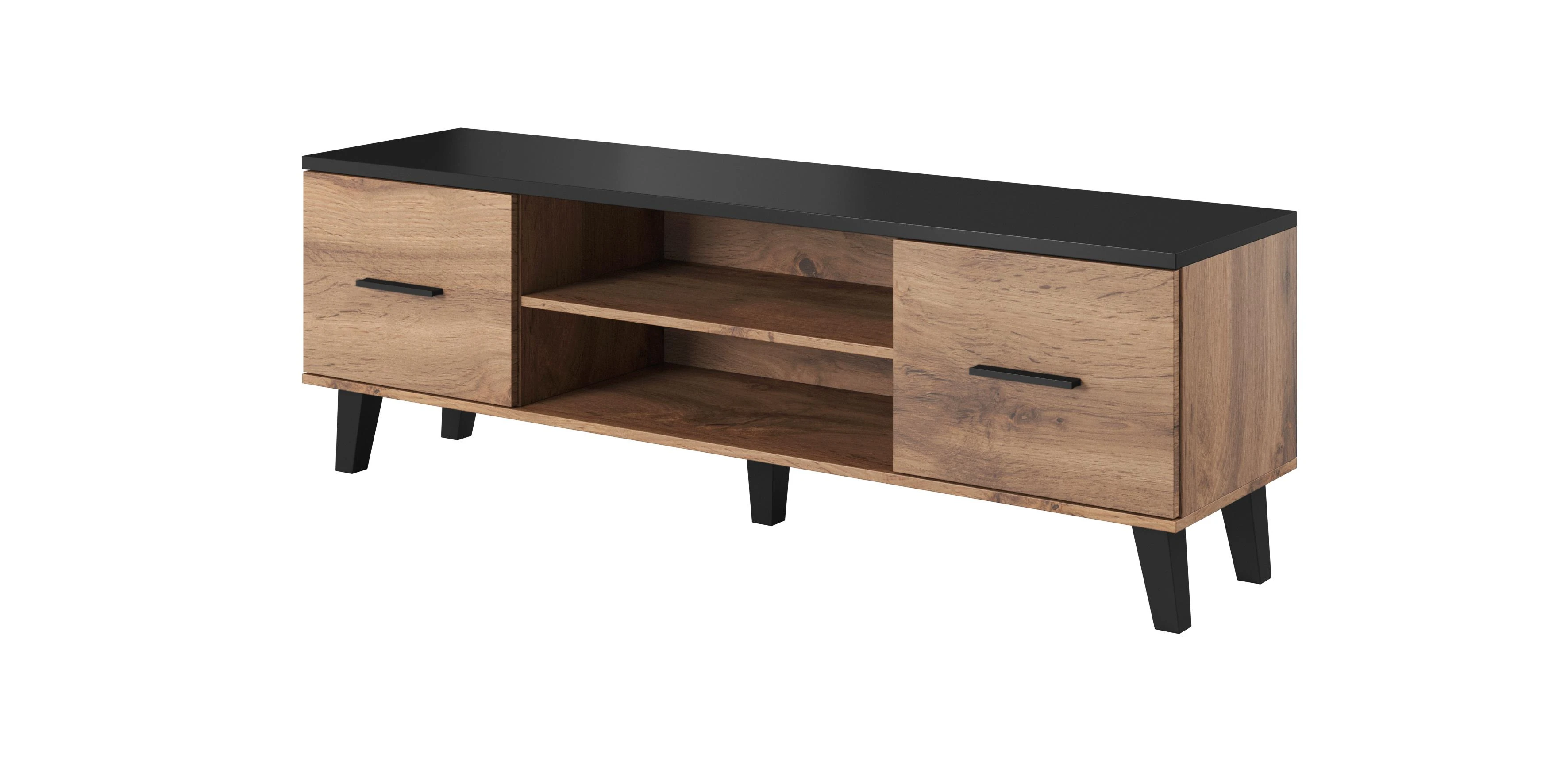 TV staliukas Cama Meble Televizoriaus Stovas - Cama LOTTA 160 2D2K Wotan ąžuolas/matinė juoda