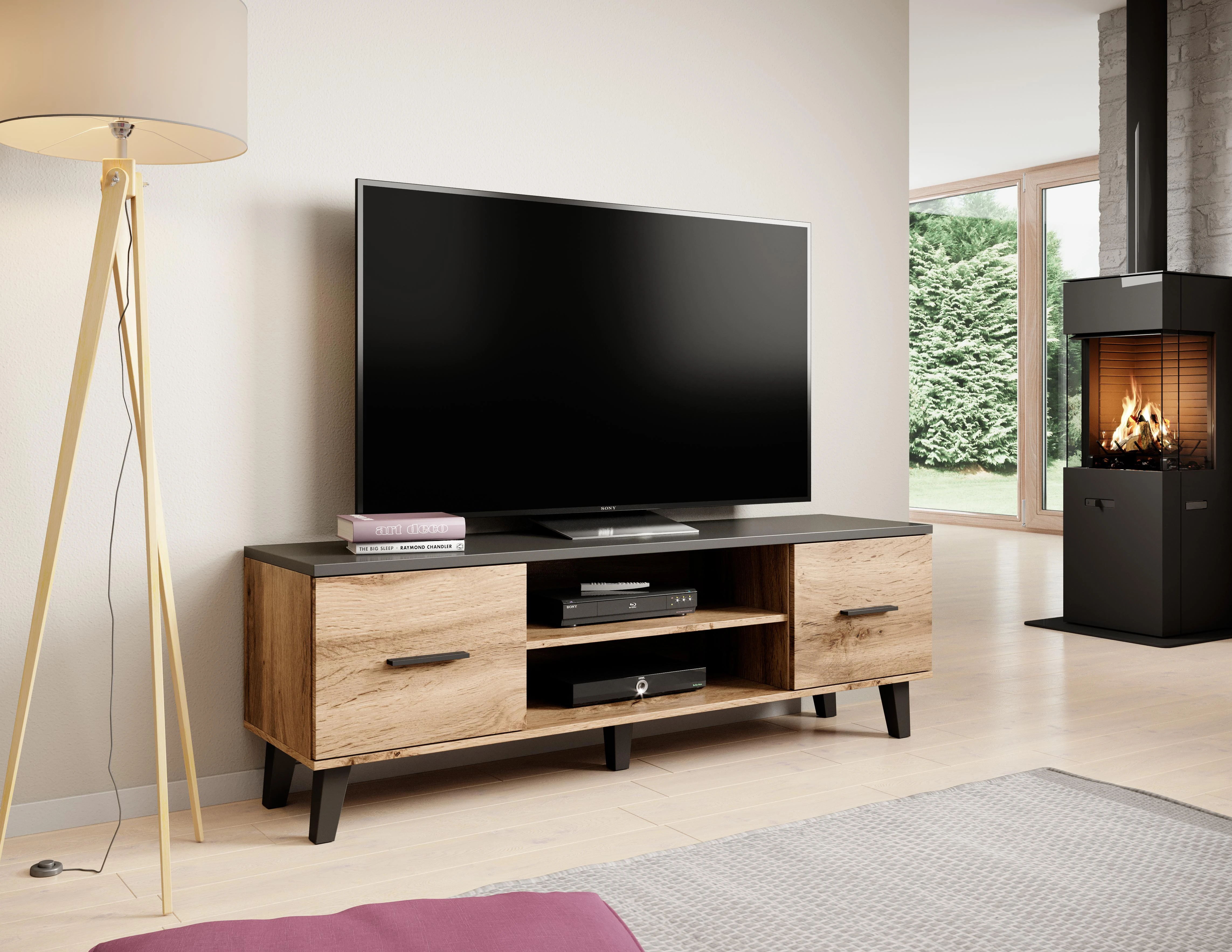 TV staliukas Cama Meble Televizoriaus Stovas - Cama LOTTA 160 2D2K Wotan ąžuolas/matinė juoda