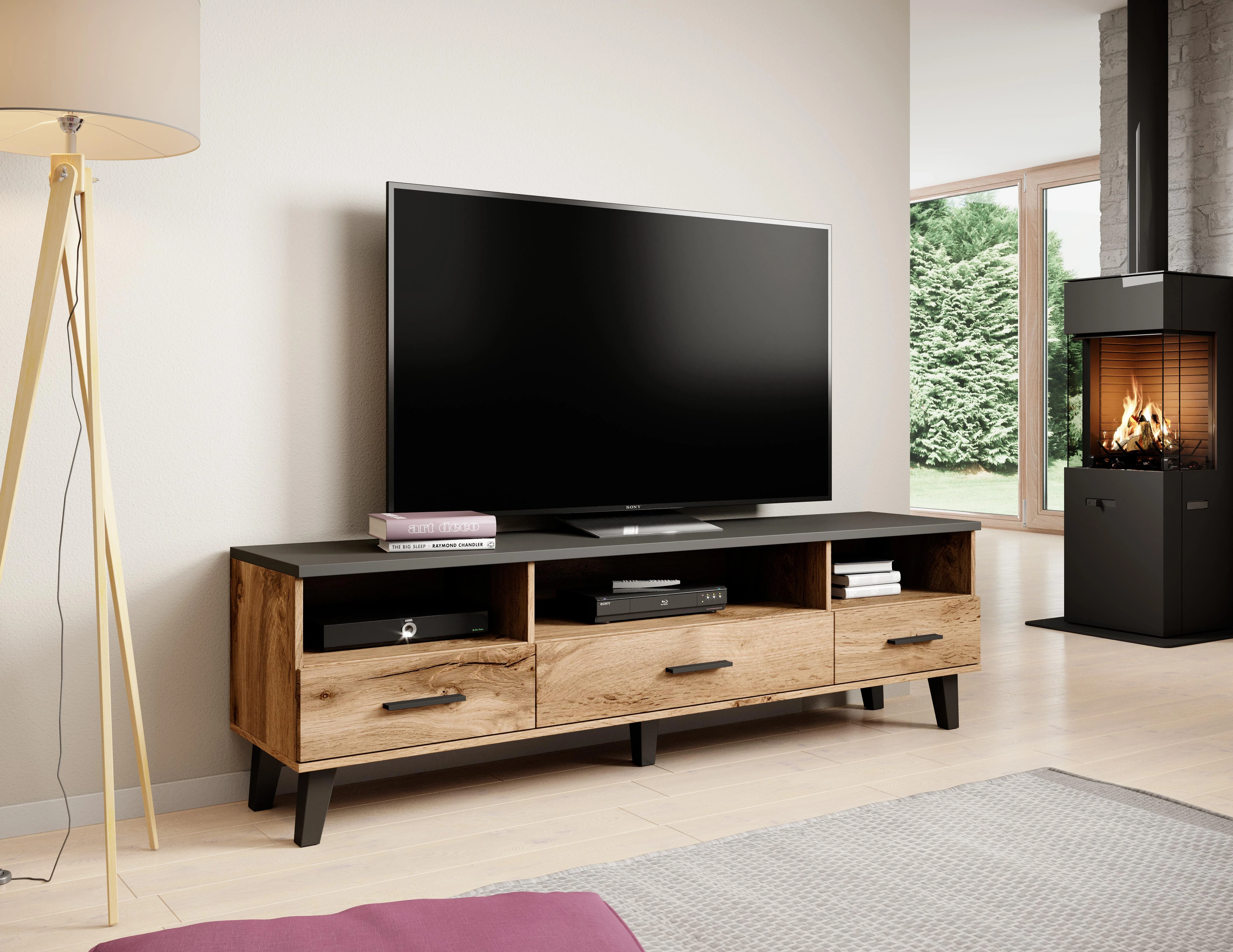 Cama Meble TV Staliukas - Cama LOTTA 180cm Wotan Ąžuolas, Juoda