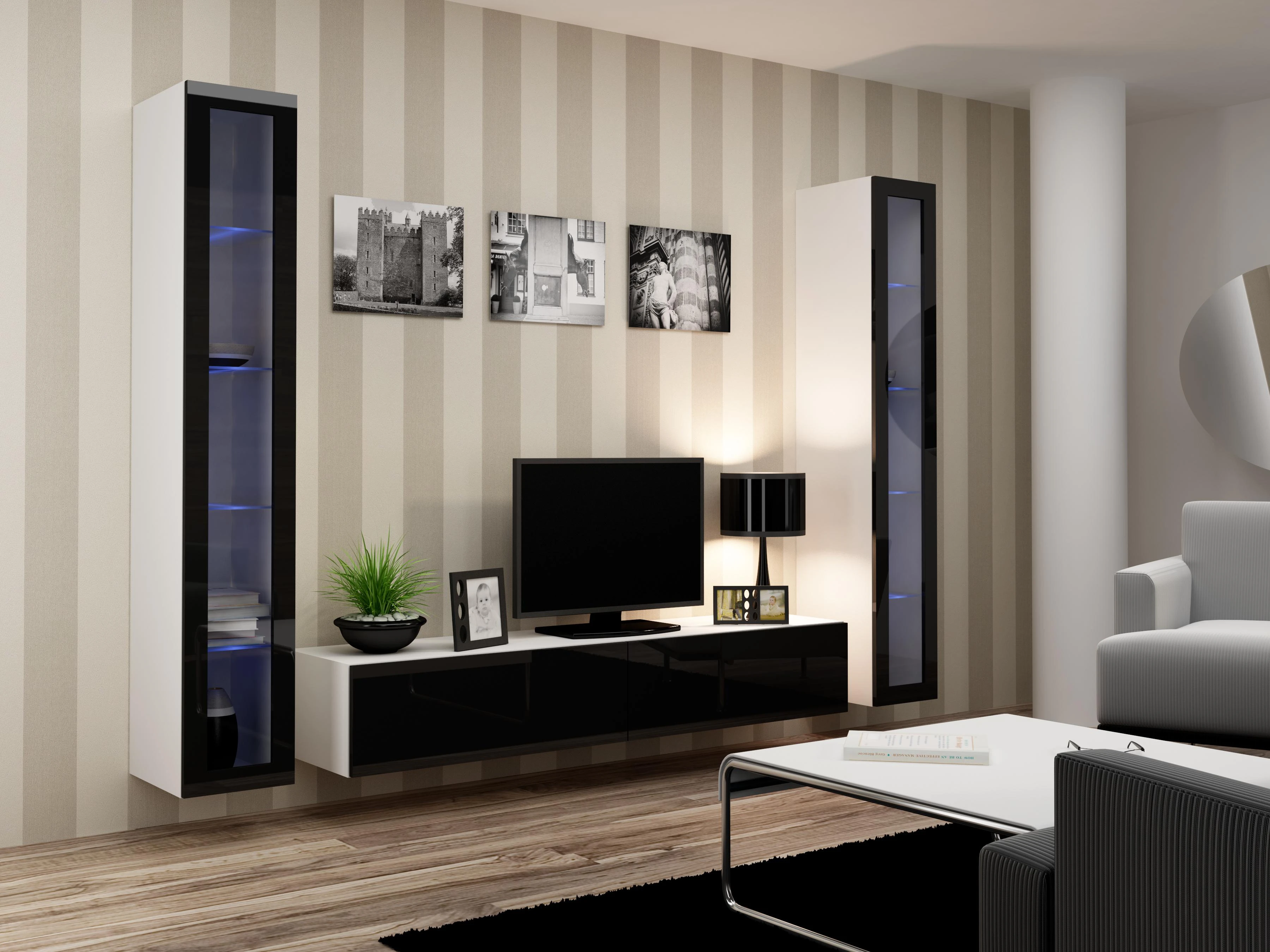 Cama pakabinama TV spintelė VIGO '180' 30/180/40 (balta/blizgi juoda)