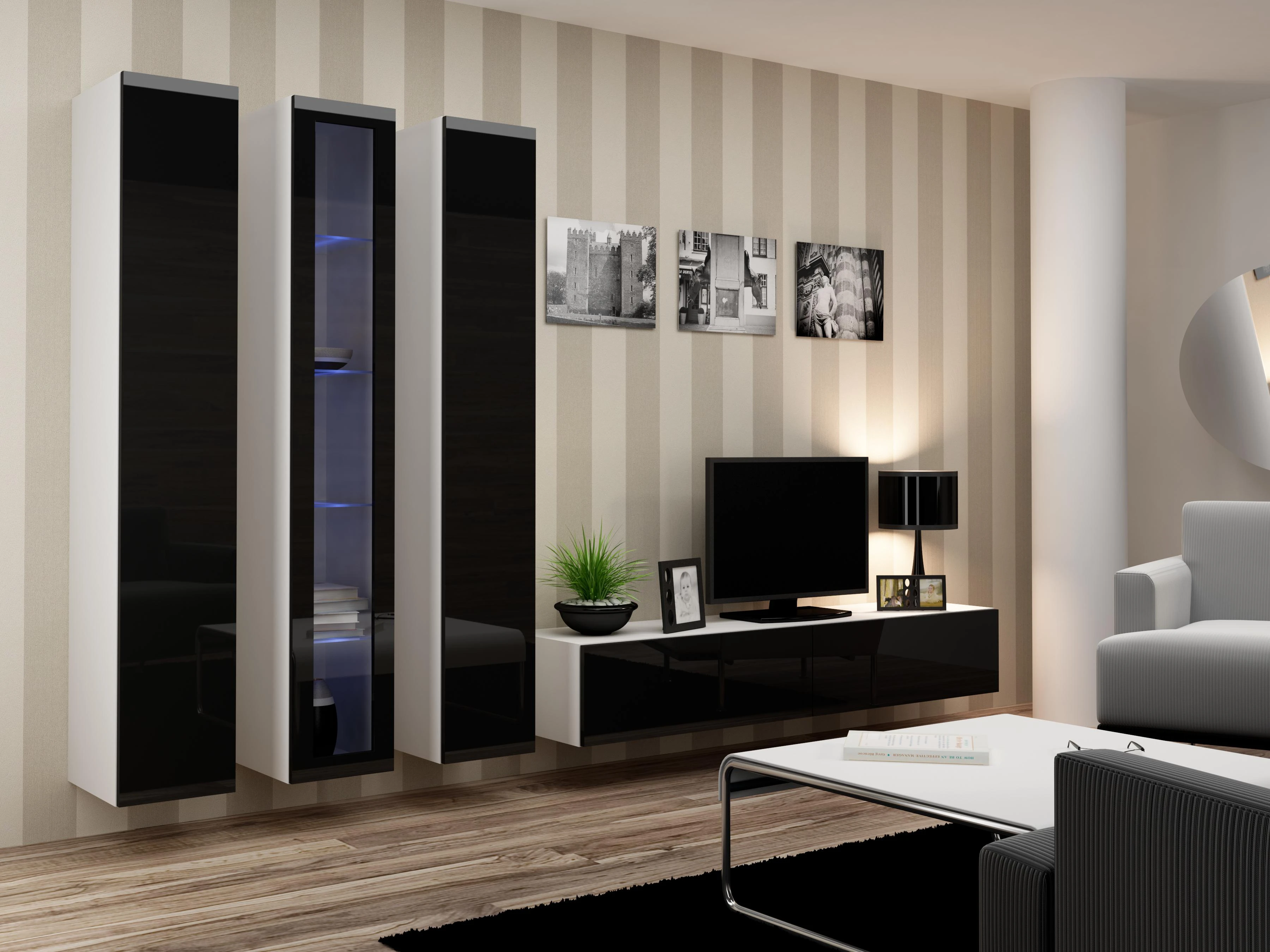 Cama pakabinama TV spintelė VIGO '180' 30/180/40 (balta/blizgi juoda)