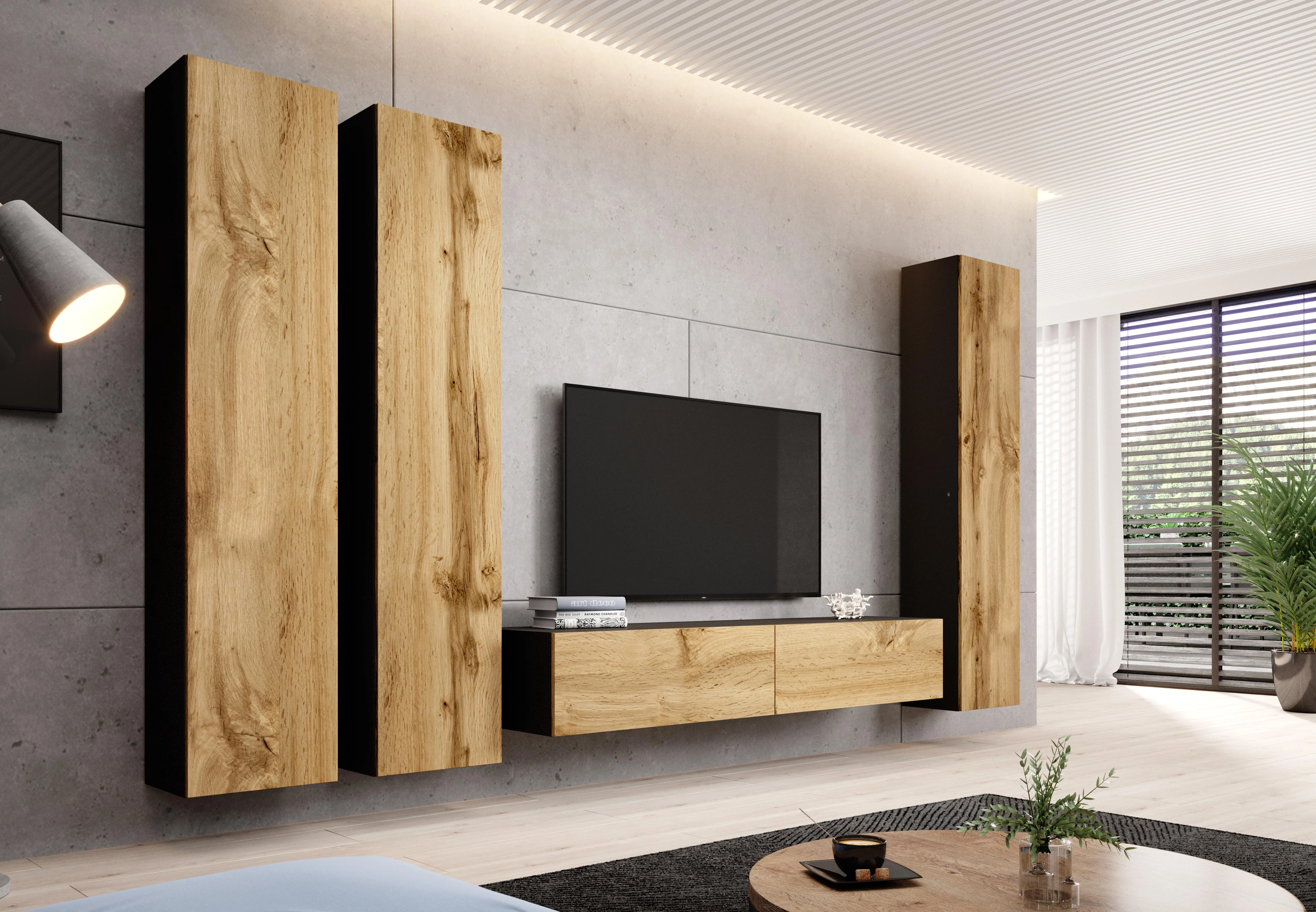 Cama pakabinama TV spintelė VIGO '180' 30/180/40 (spalva:juoda/Votan ąžuolas)