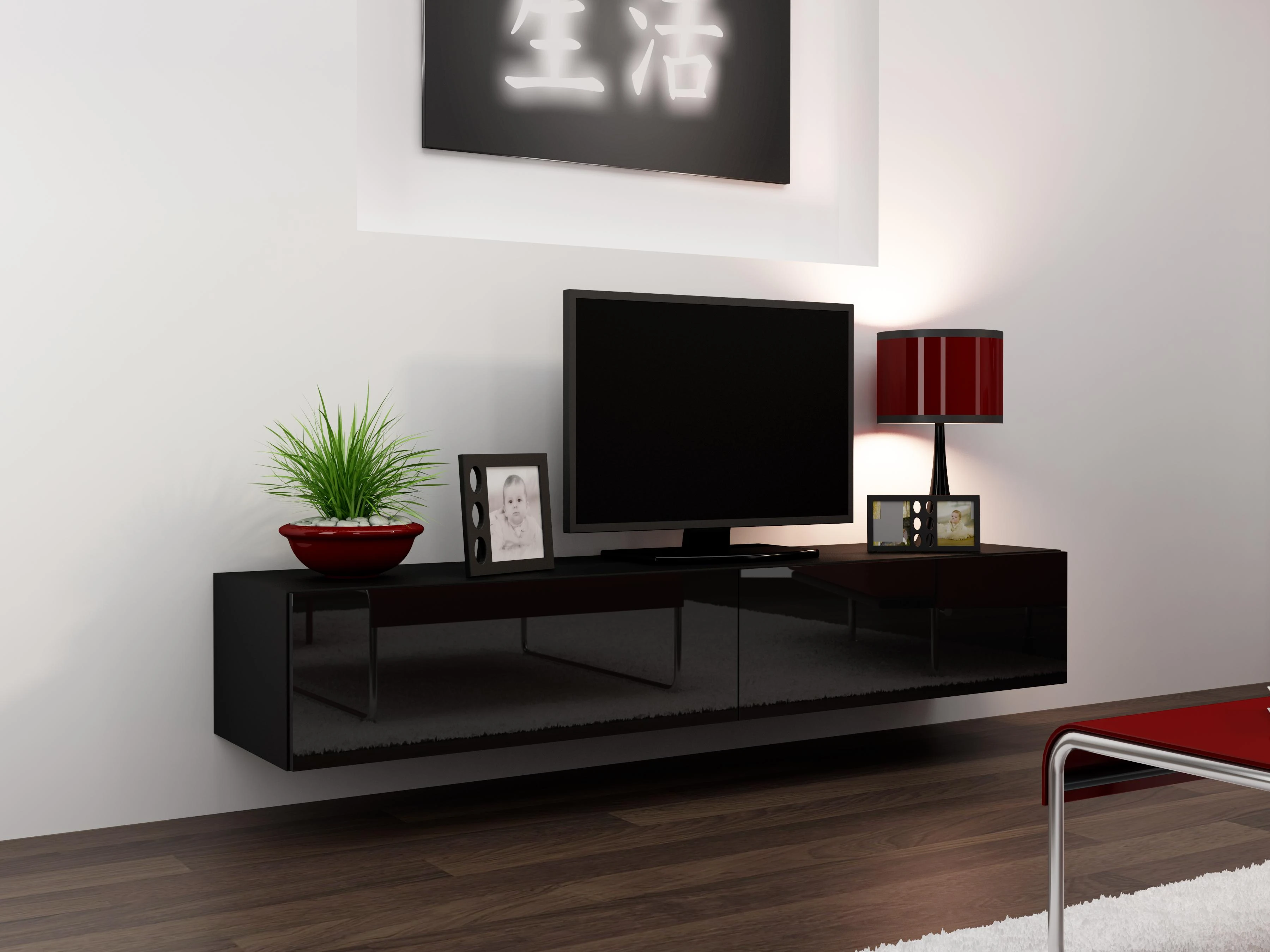 Cama pakabinama TV spintelė VIGO '180' 30/180/40 (spalva:juoda/blizgi juoda)