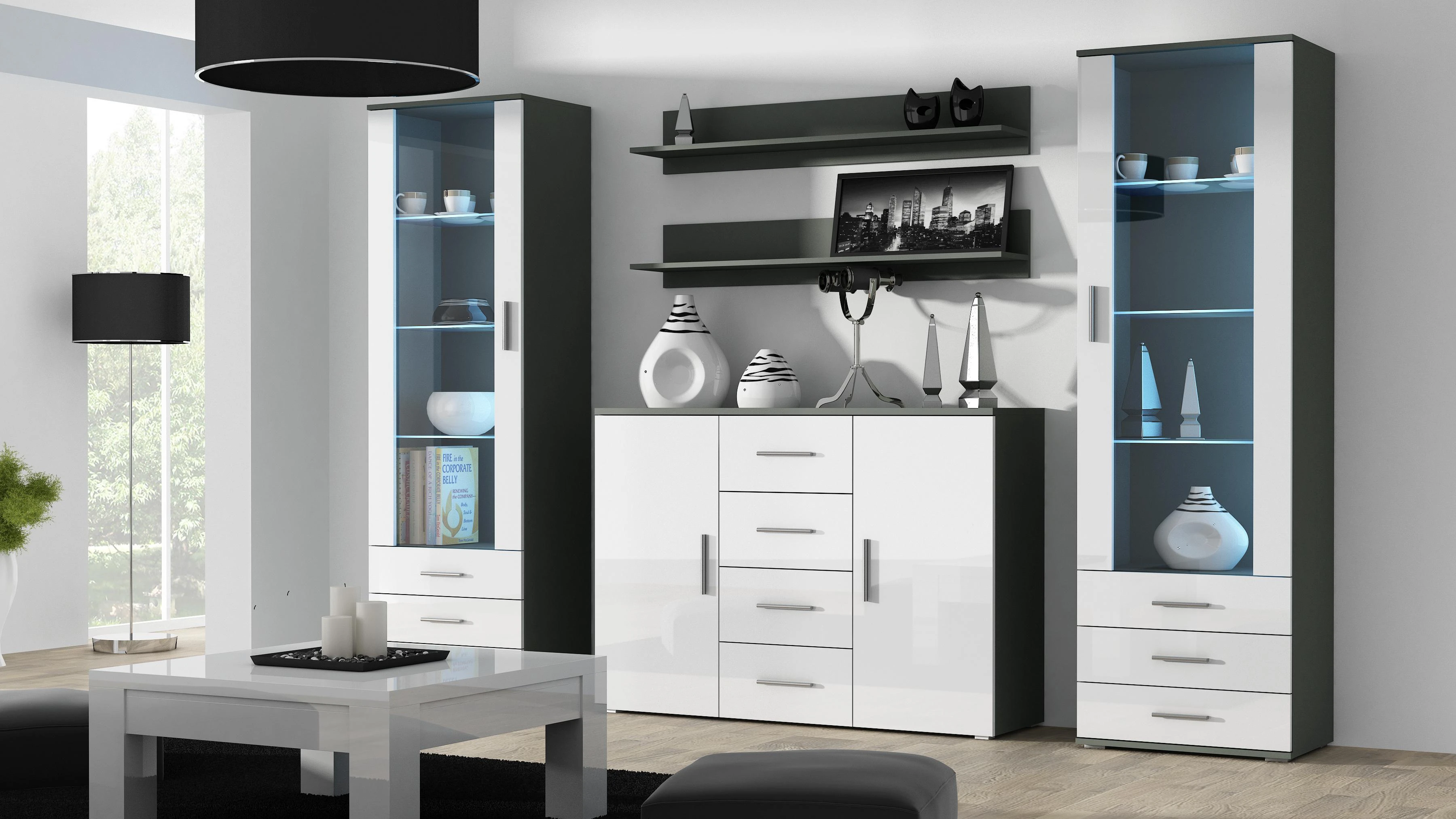 Cama Meble Svetainės Sekcija - Soho S1 Pilka/Balta Blizgi