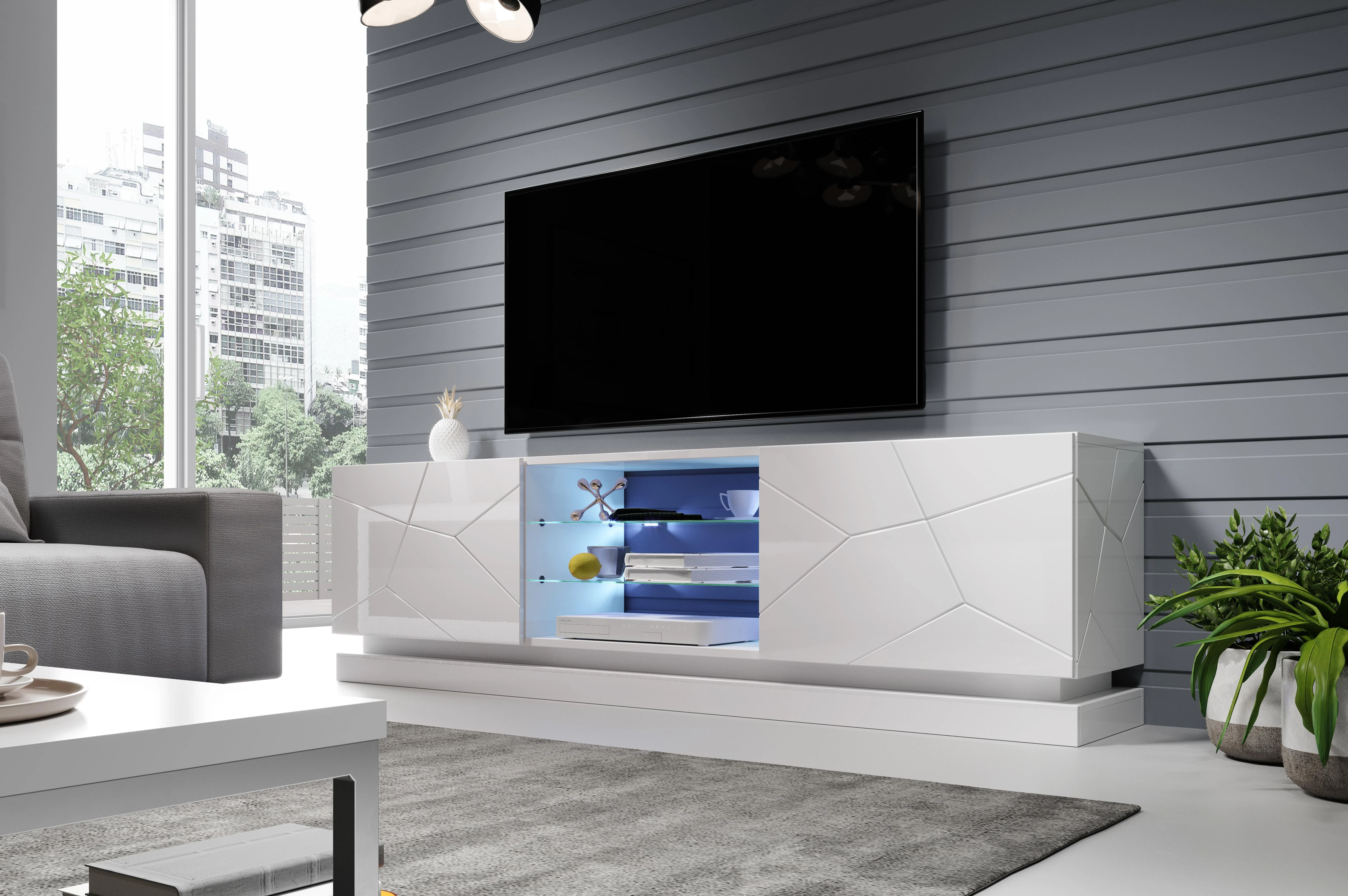 TV staliukas Cama Meble Televizoriaus Stovas - Cama Qiu 200 MDF Baltas Blizgus