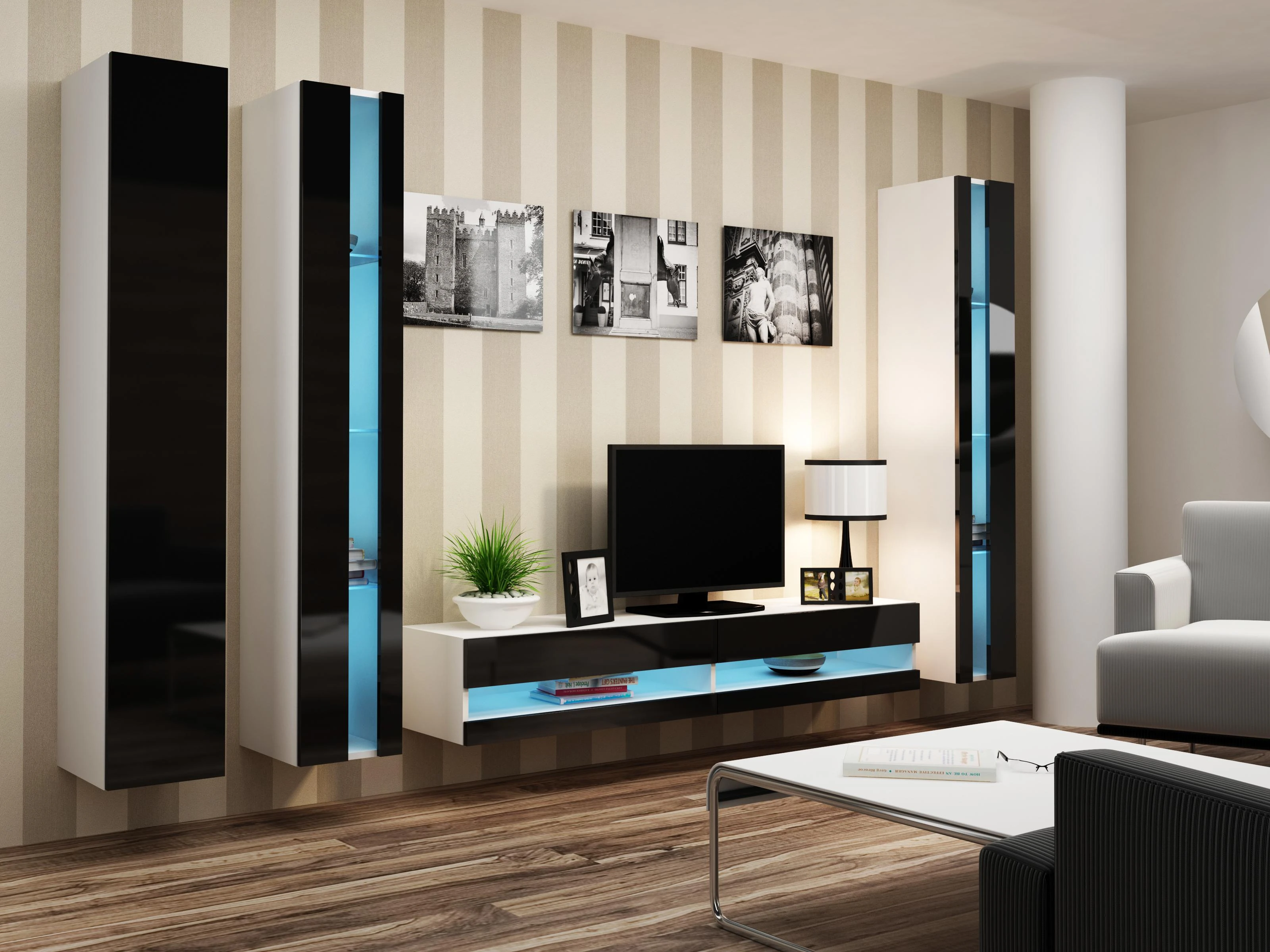 Cama Meble Televizoriaus Stovas - Cama VIGO 30/180/40, Baltas/Juodas Blizgus