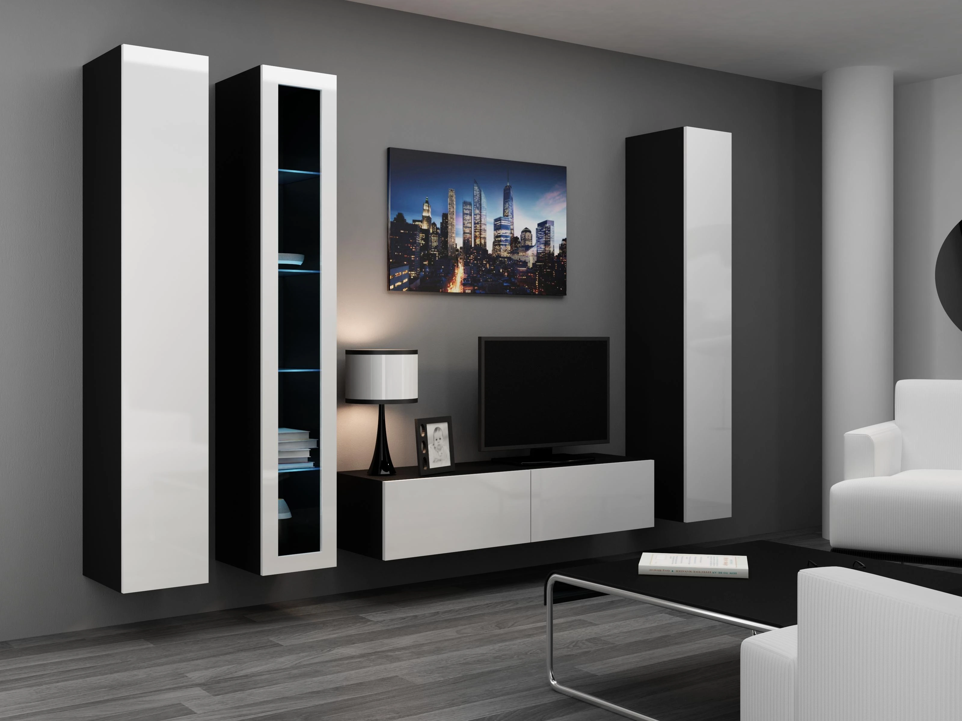 Cama sieninė spintelė VIGO '180' 180/40/30 (spalva: balta/blizgi juoda)