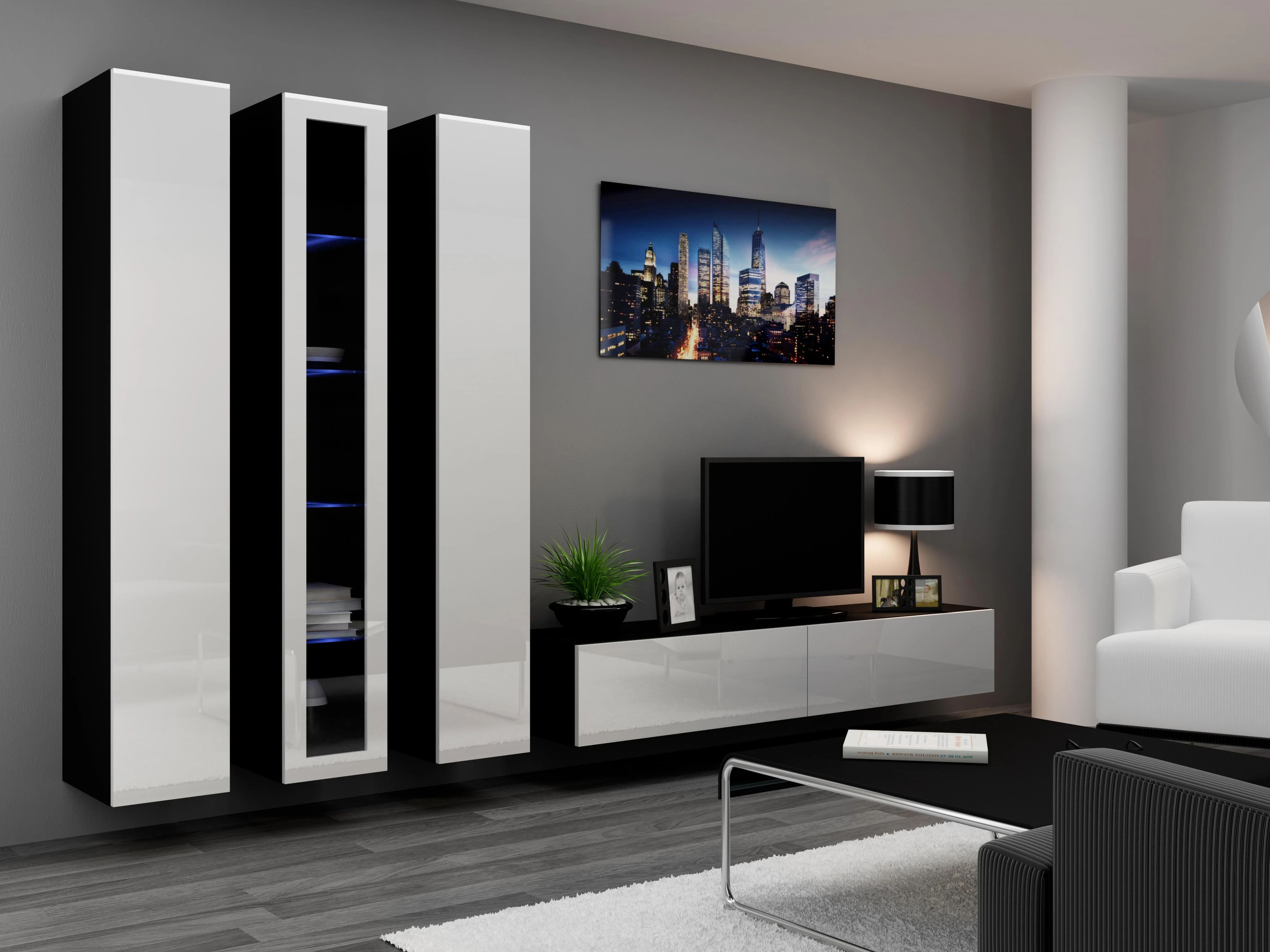 Cama sieninė spintelė VIGO '180' 180/40/30 (spalva: balta/blizgi juoda)