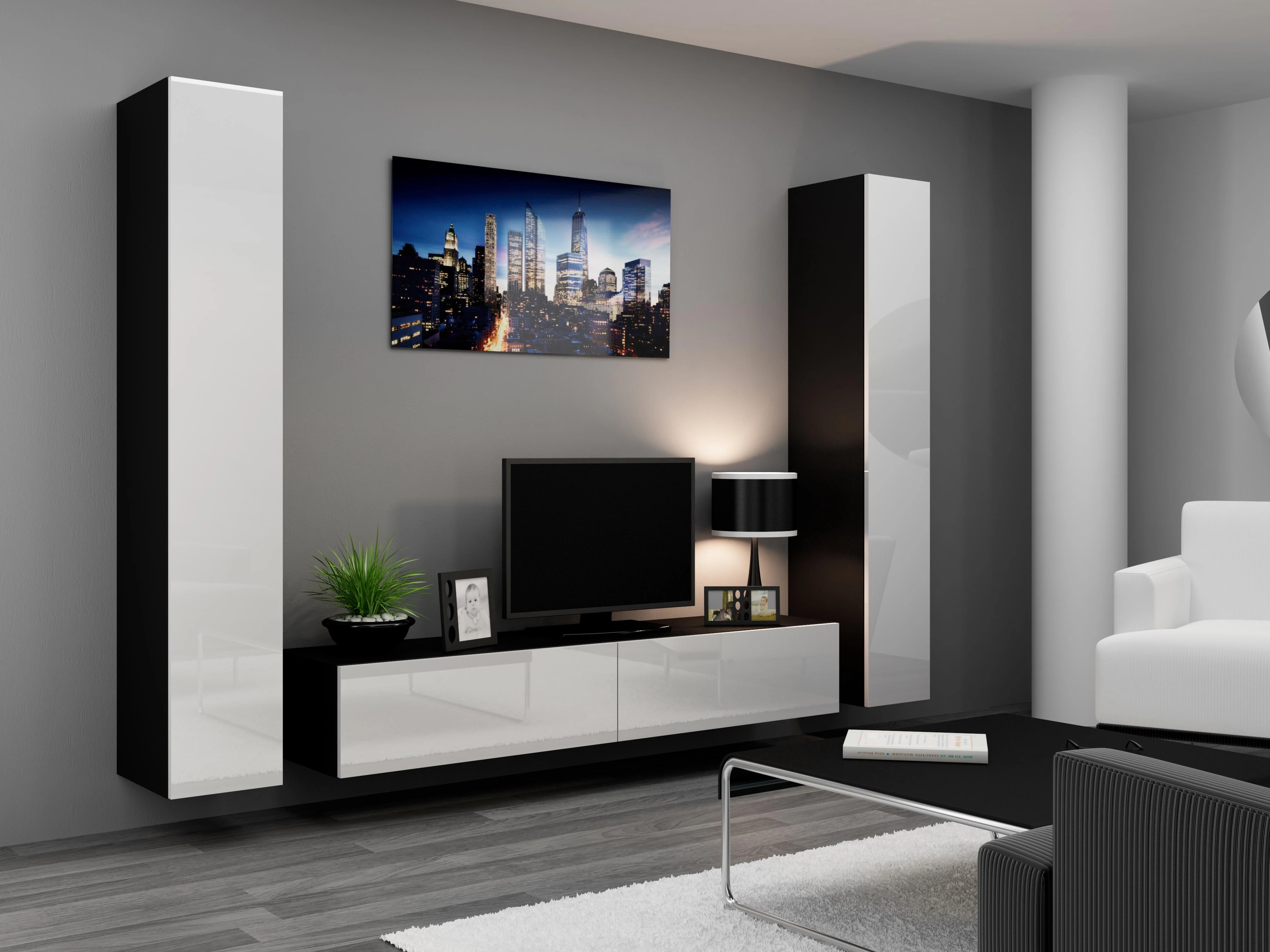 Cama sieninė spintelė VIGO '180' 180/40/30 (spalva: balta/blizgi juoda)