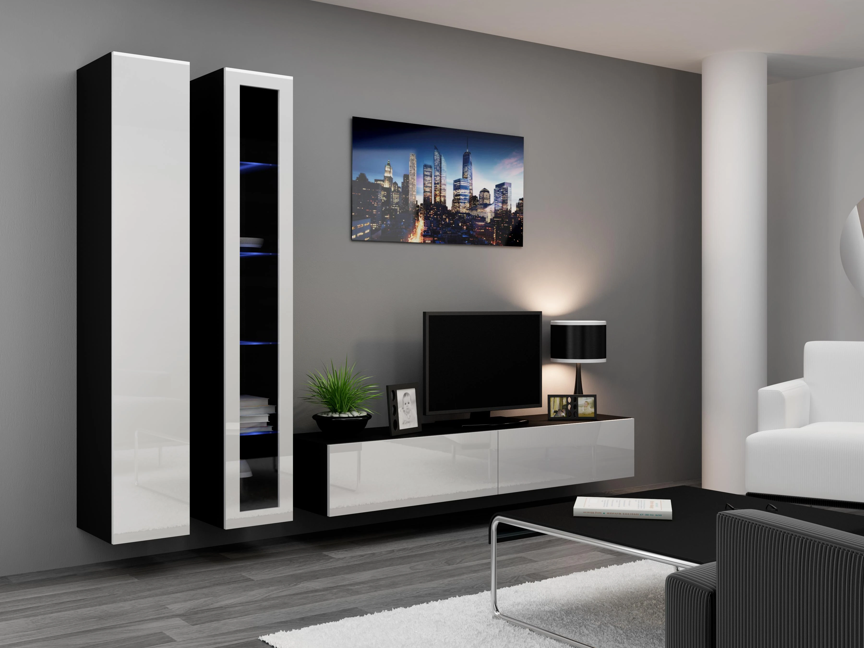 Cama sieninė spintelė VIGO '180' 180/40/30 (spalva: balta/blizgi juoda)