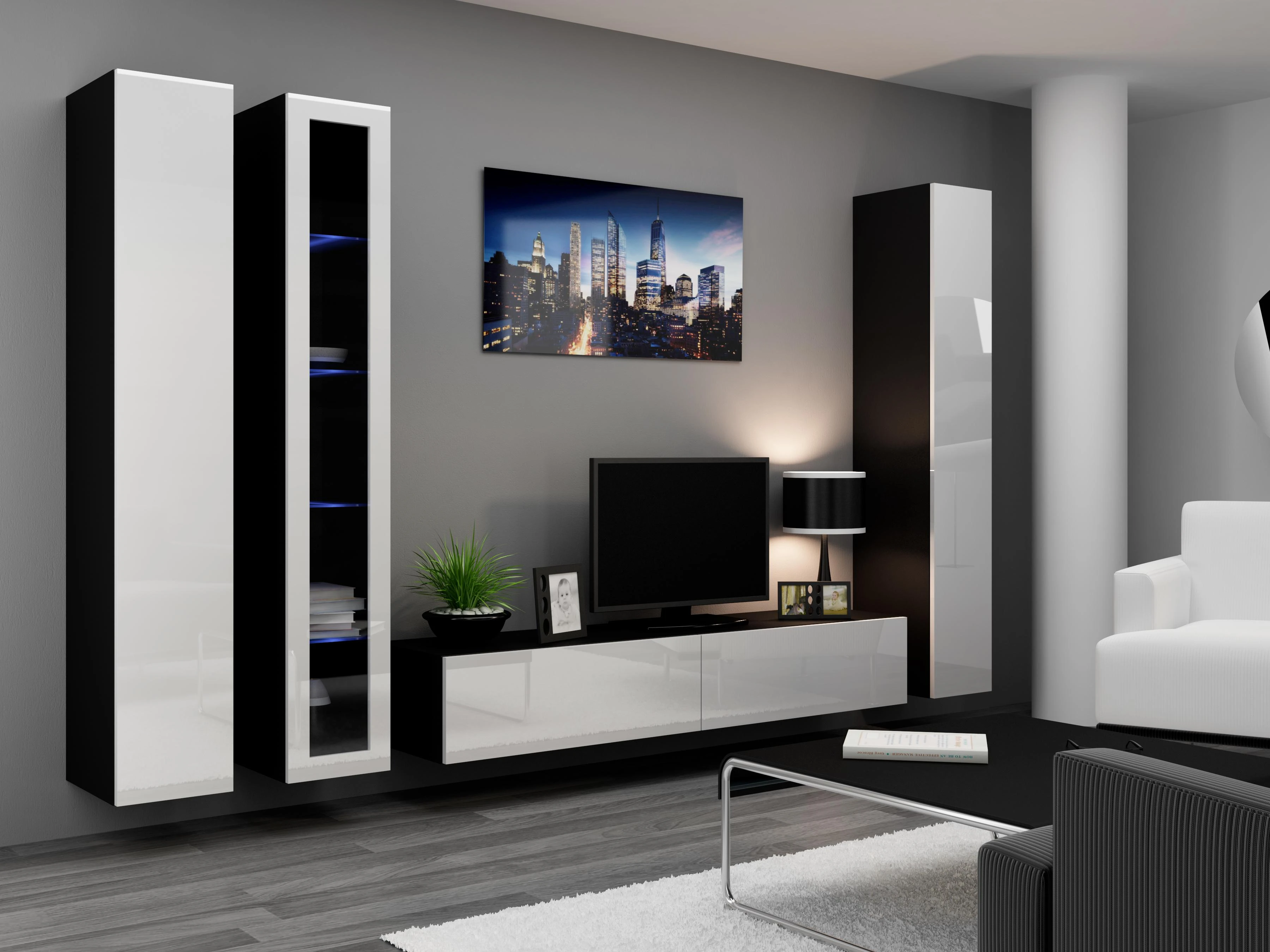 Cama sieninė spintelė VIGO '180' 180/40/30 (spalva: balta/blizgi juoda)
