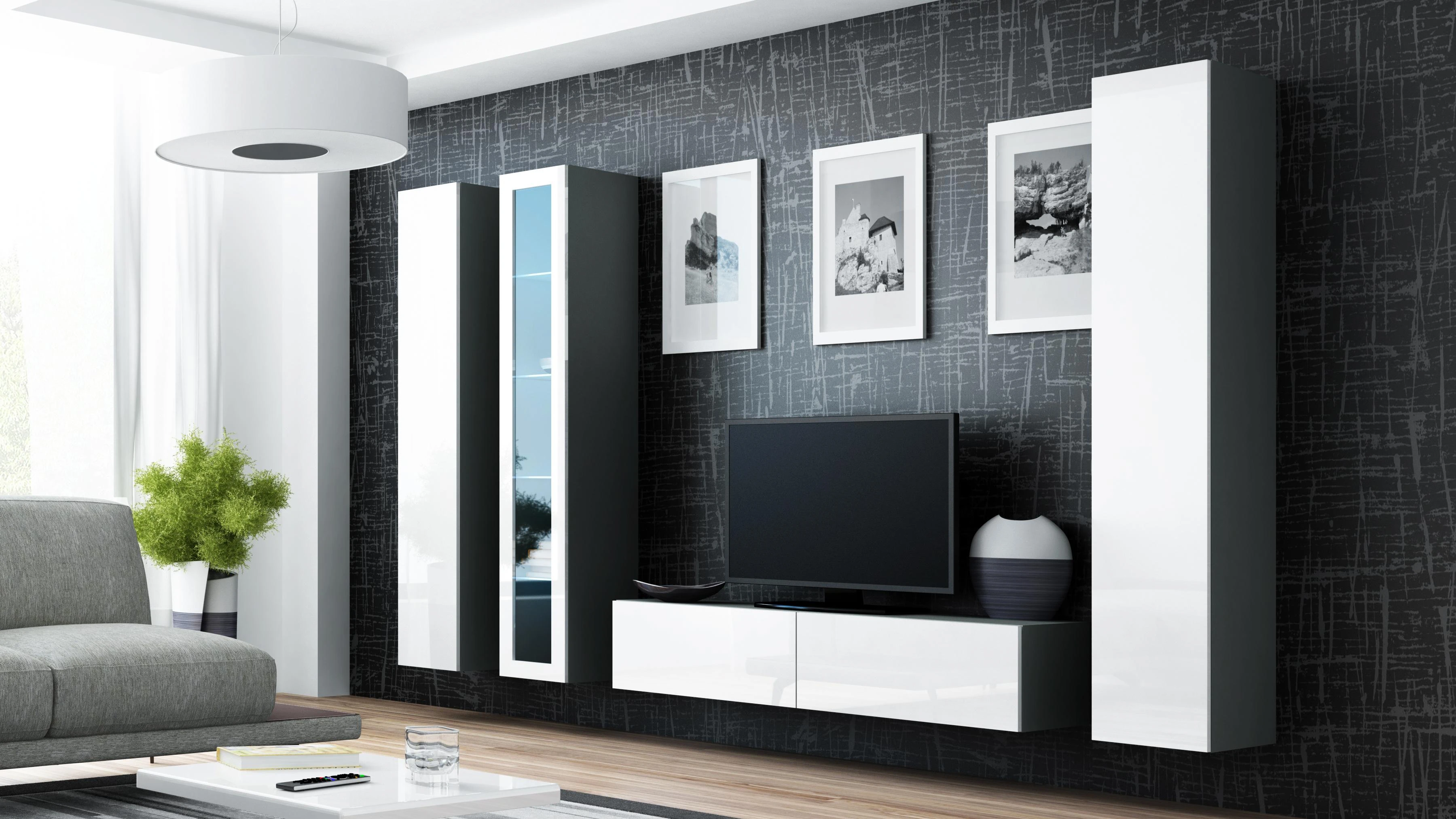 Cama sieninė spintelė VIGO '180' 180/40/30 (spalva: pilka/blizgi balta)