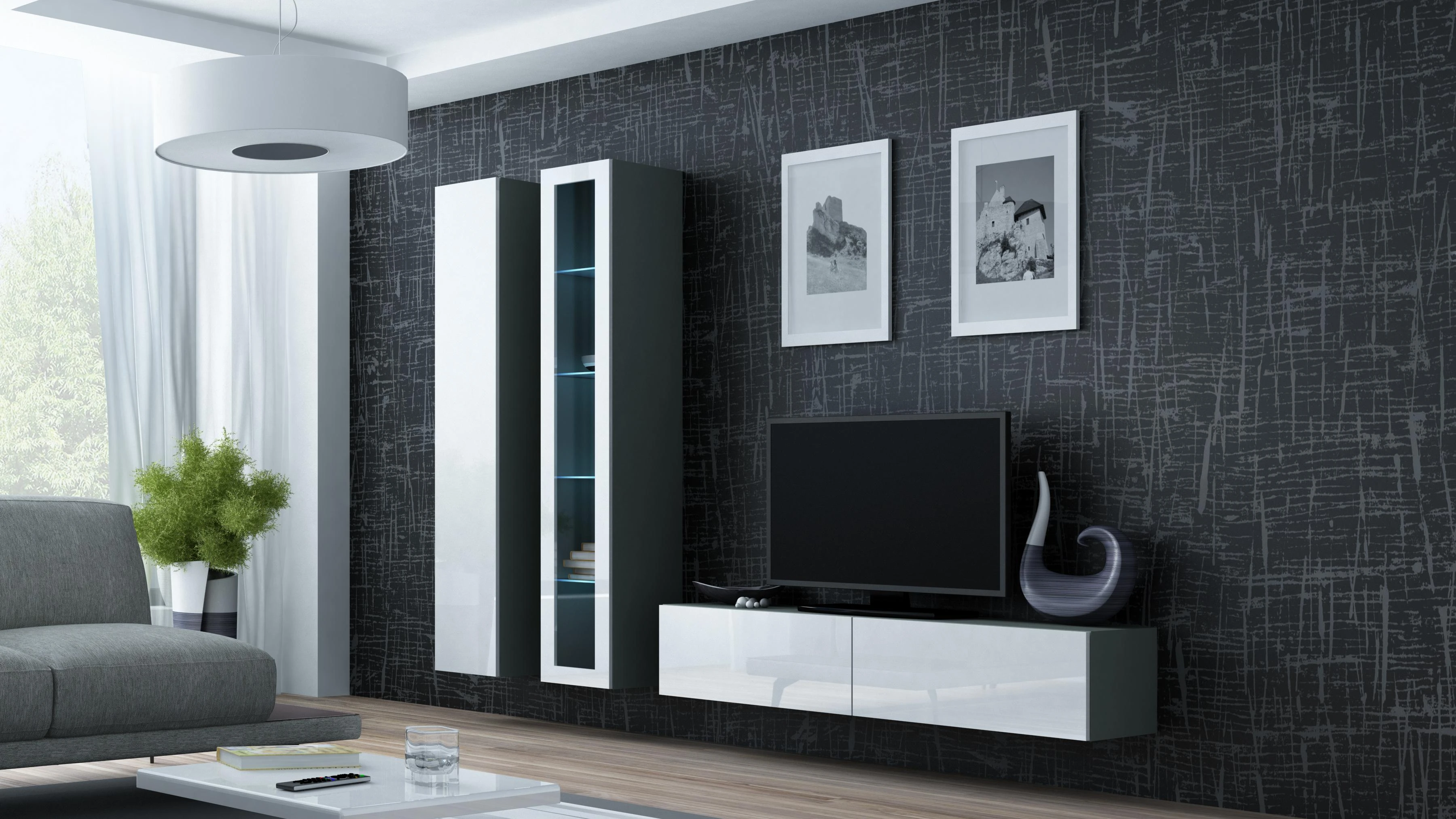 Cama sieninė spintelė VIGO '180' 180/40/30 (spalva: pilka/blizgi balta)