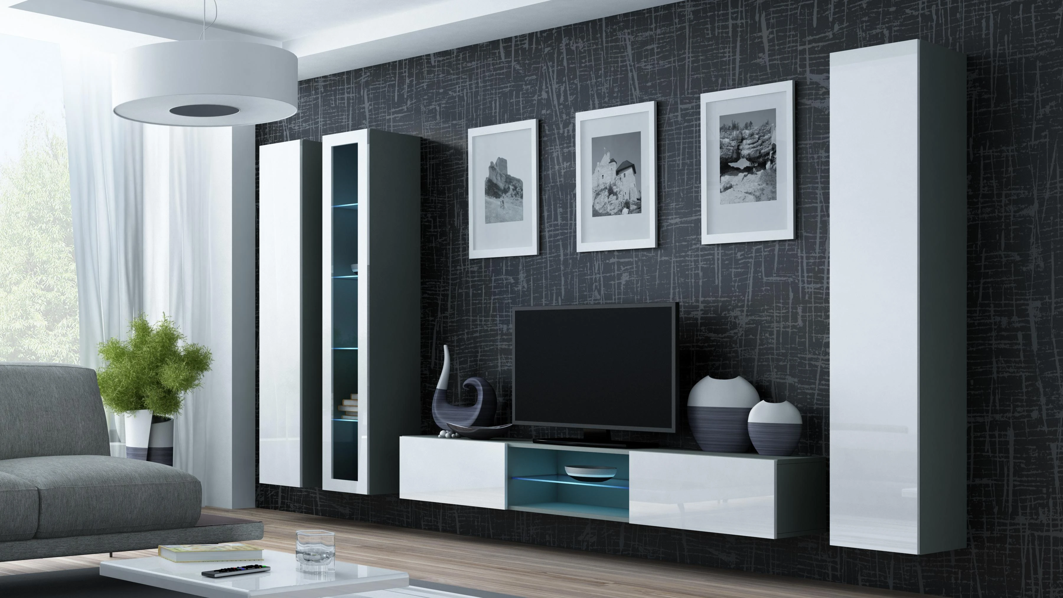 Cama sieninė spintelė VIGO '180' 180/40/30 (spalva: pilka/blizgi balta)