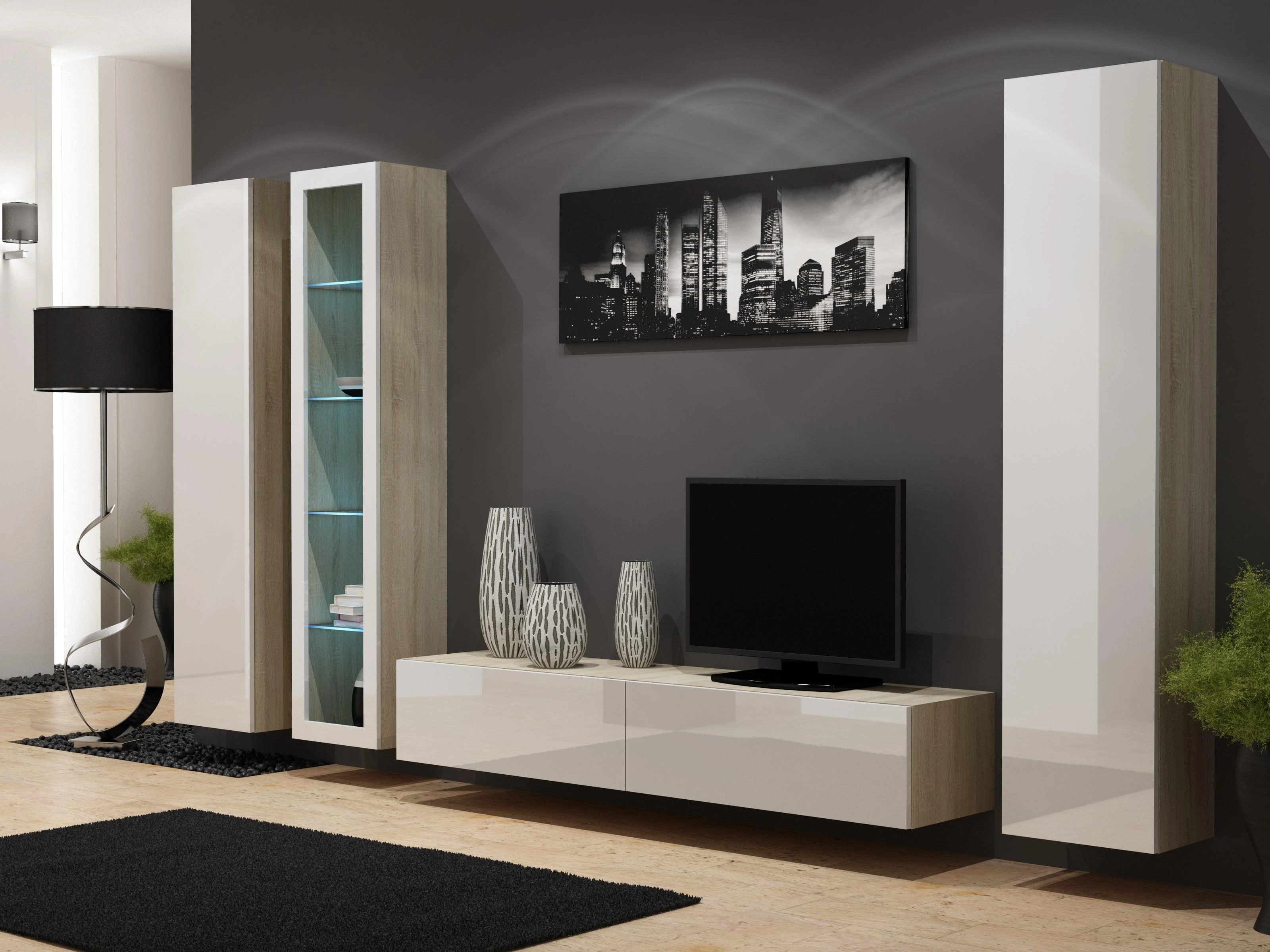 Cama sieninė spintelė VIGO '180' 180/40/30 (spalva: Sonomos ąžuolas/blizgi balta)