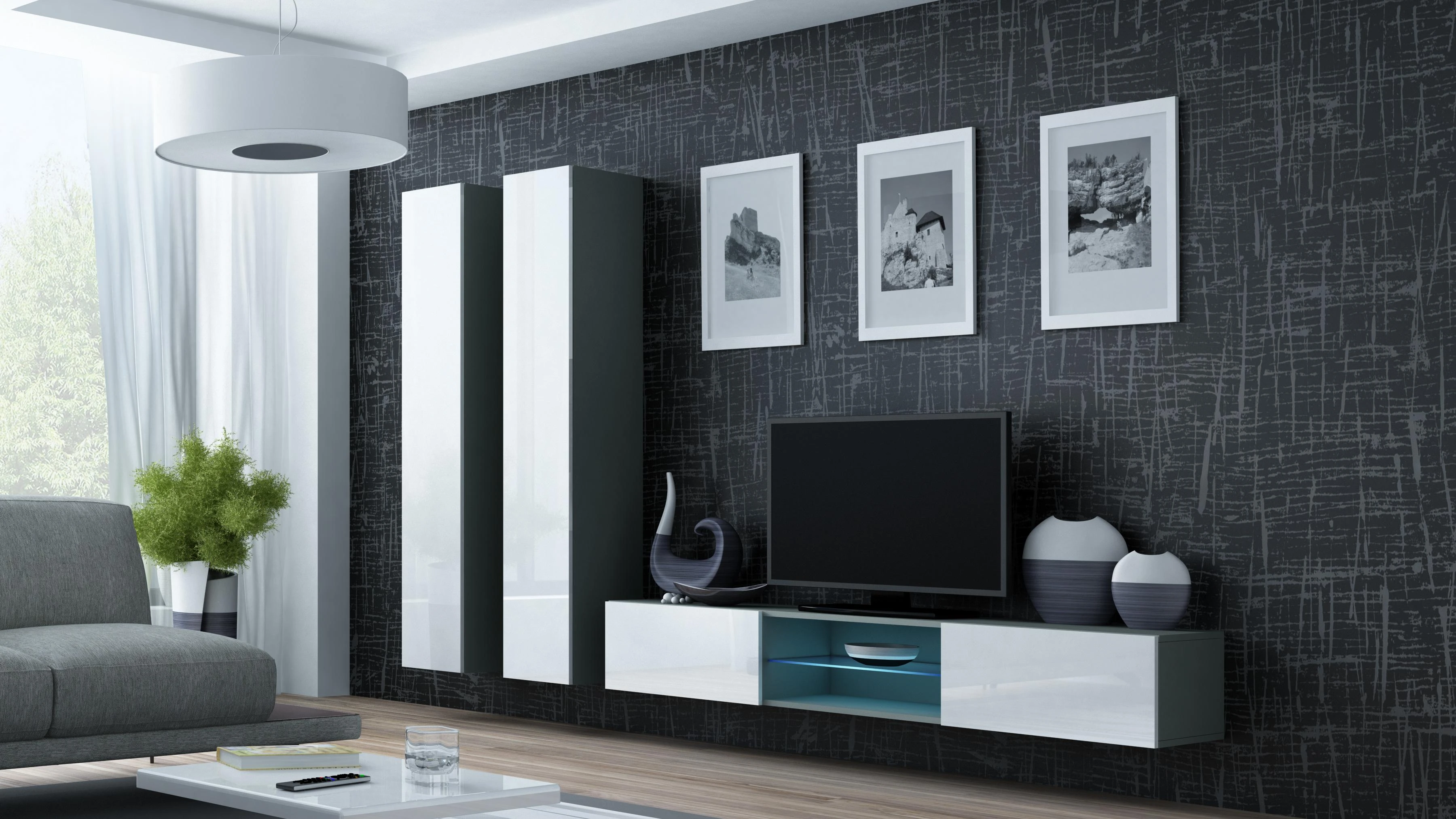 Cama sieninė spintelė VIGO '180' 180/40/30 (spalva: pilka/blizgi balta)