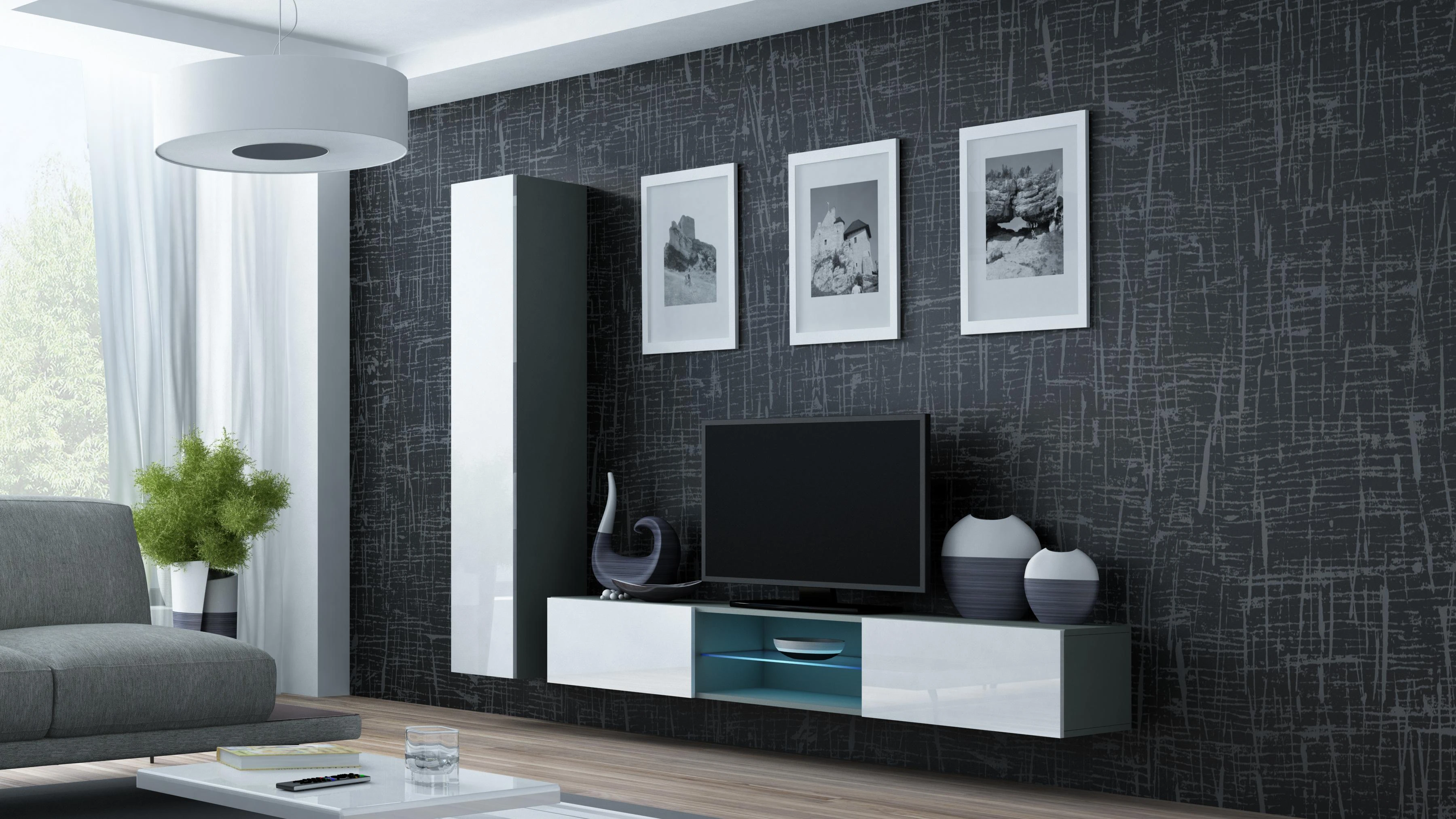 Cama sieninė spintelė VIGO '180' 180/40/30 (spalva: pilka/blizgi balta)