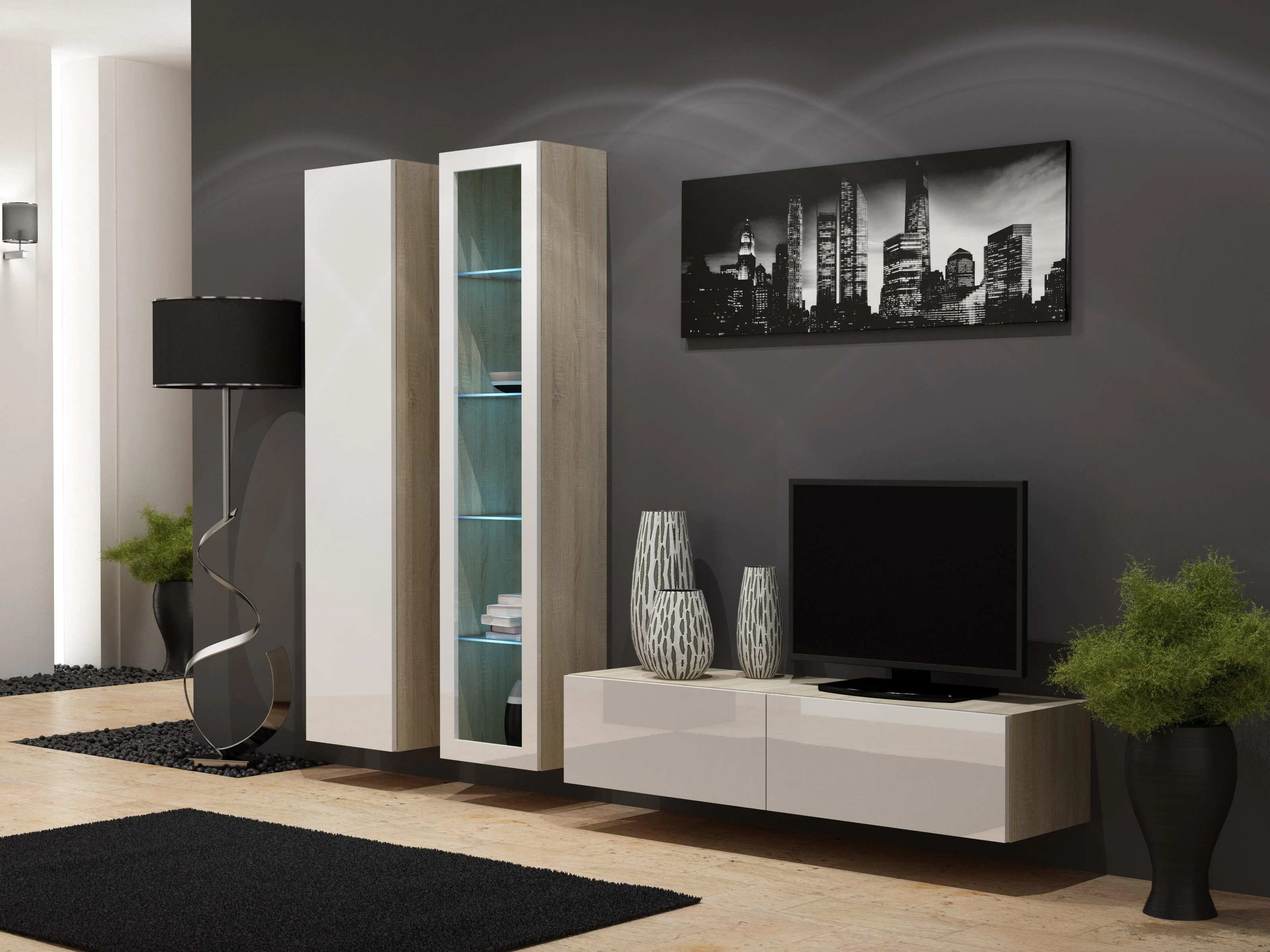 Cama sieninė spintelė VIGO '180' 180/40/30 (spalva: Sonomos ąžuolas/blizgi balta)