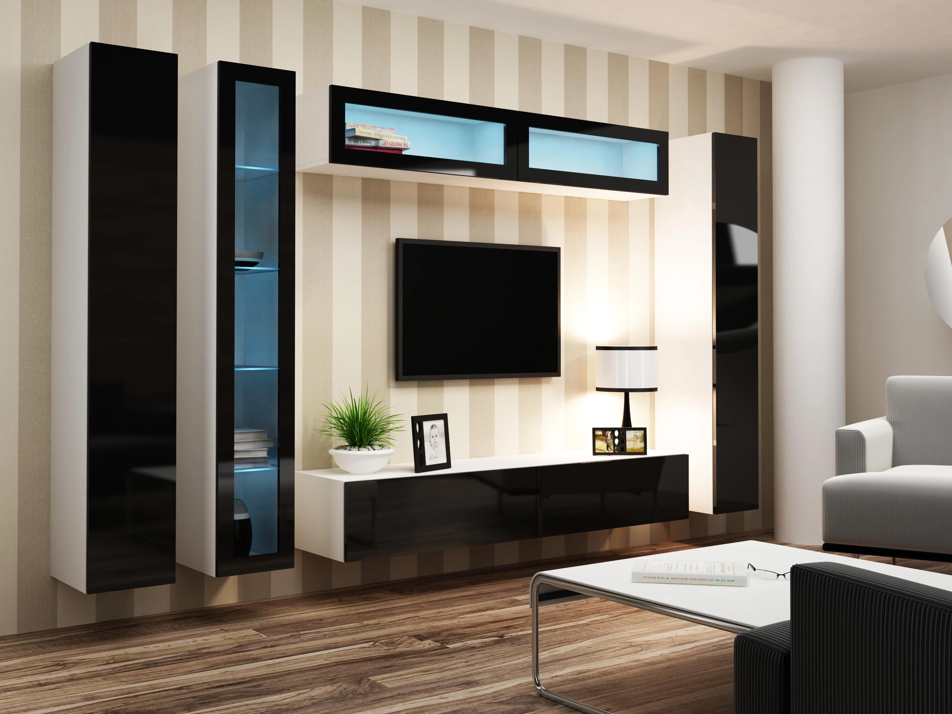 Cama sieninė spintelė VIGO '180' 180/40/30 (spalva: balta/blizgi juoda)