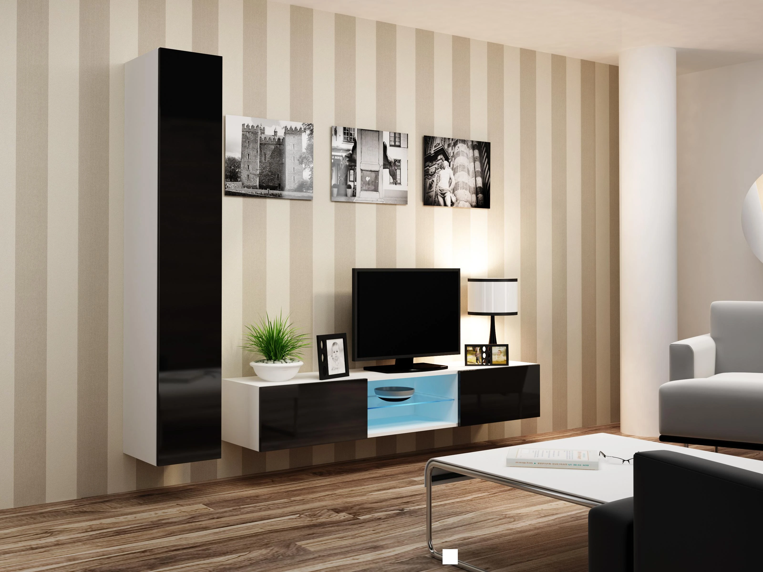 Cama sieninė spintelė VIGO '180' 180/40/30 (spalva: balta/blizgi juoda)