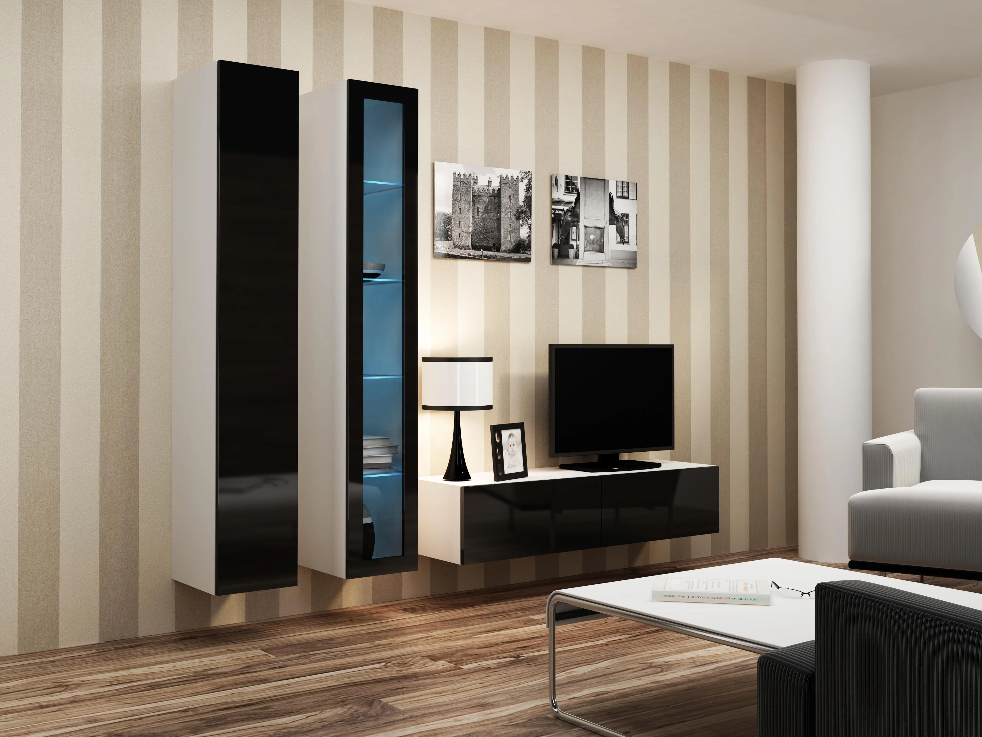 Cama sieninė spintelė VIGO '180' 180/40/30 (spalva: balta/blizgi juoda)