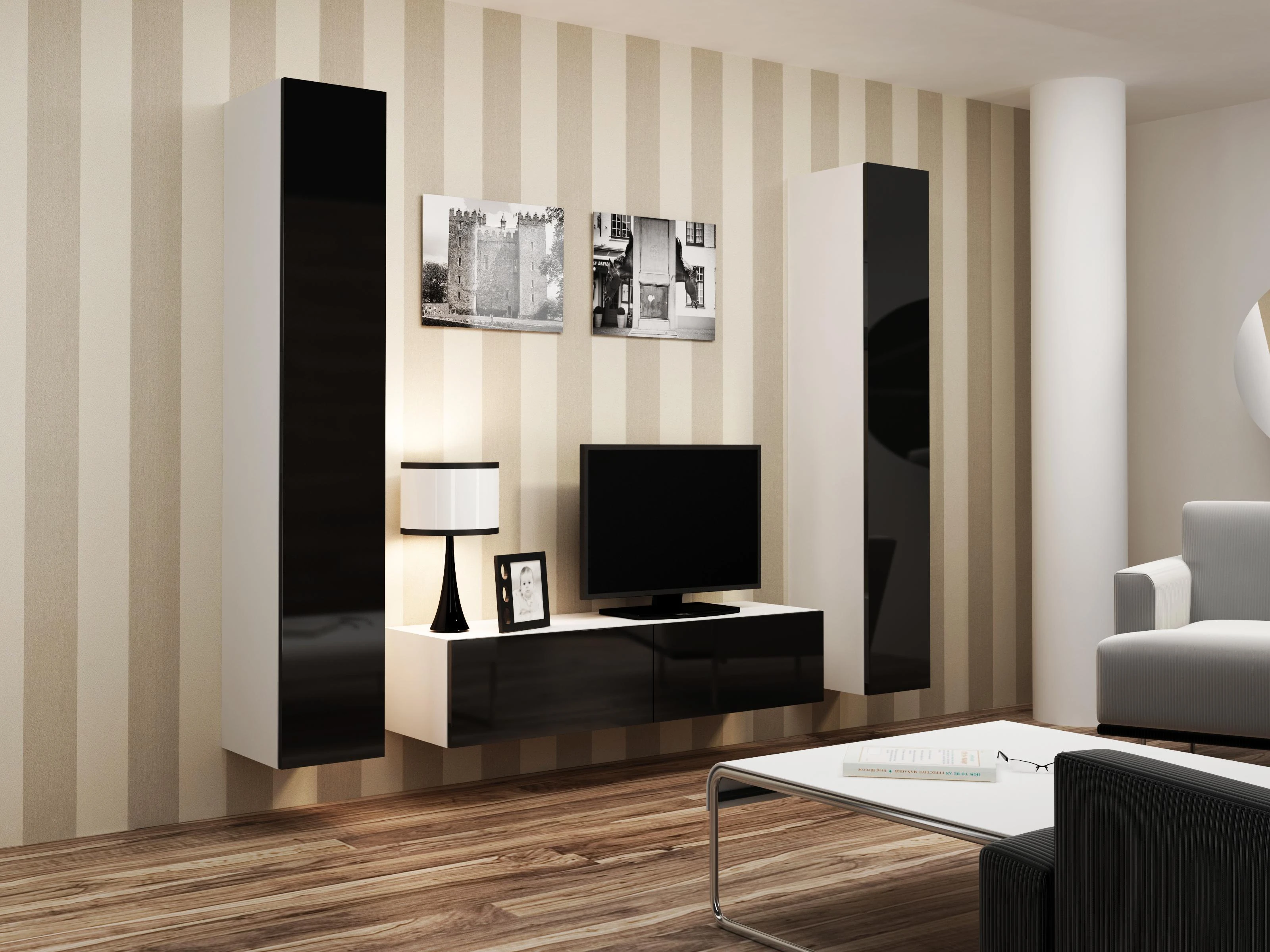 Cama sieninė spintelė VIGO '180' 180/40/30 (spalva: balta/blizgi juoda)