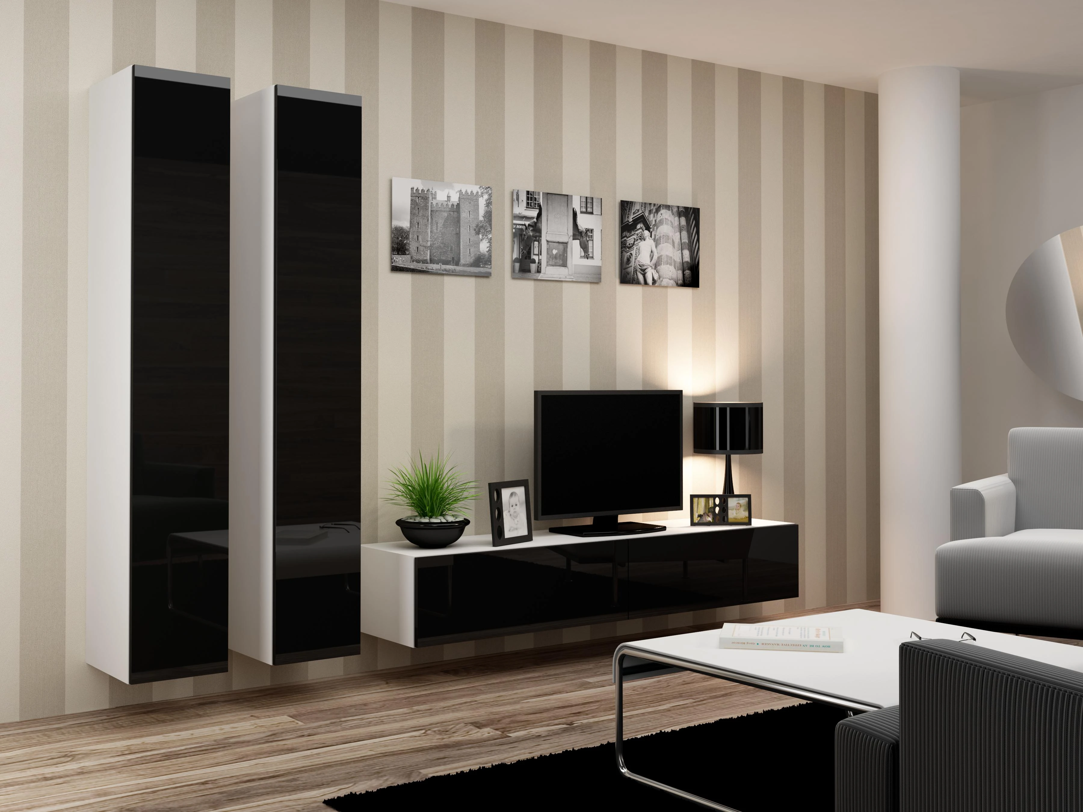 Cama sieninė spintelė VIGO '180' 180/40/30 (spalva: balta/blizgi juoda)