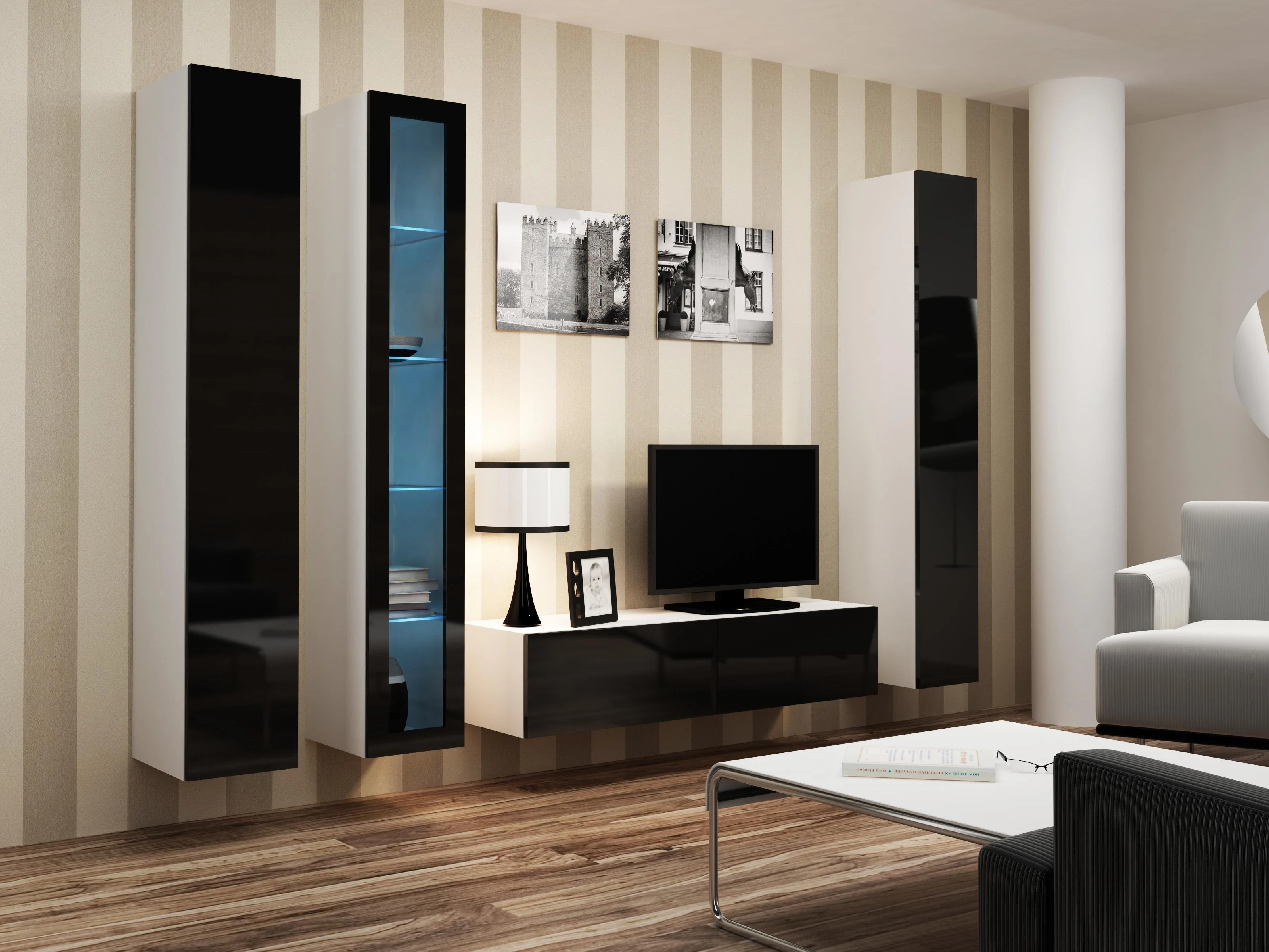 Cama sieninė spintelė VIGO '180' 180/40/30 (spalva: balta/blizgi juoda)