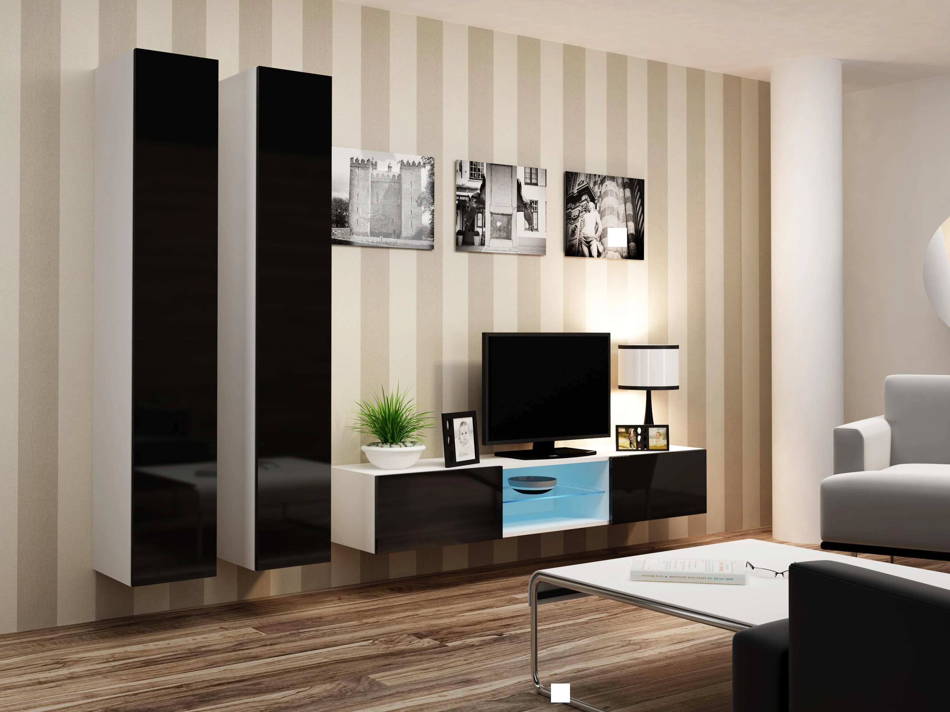 Cama sieninė spintelė VIGO '180' 180/40/30 (spalva: balta/blizgi juoda)
