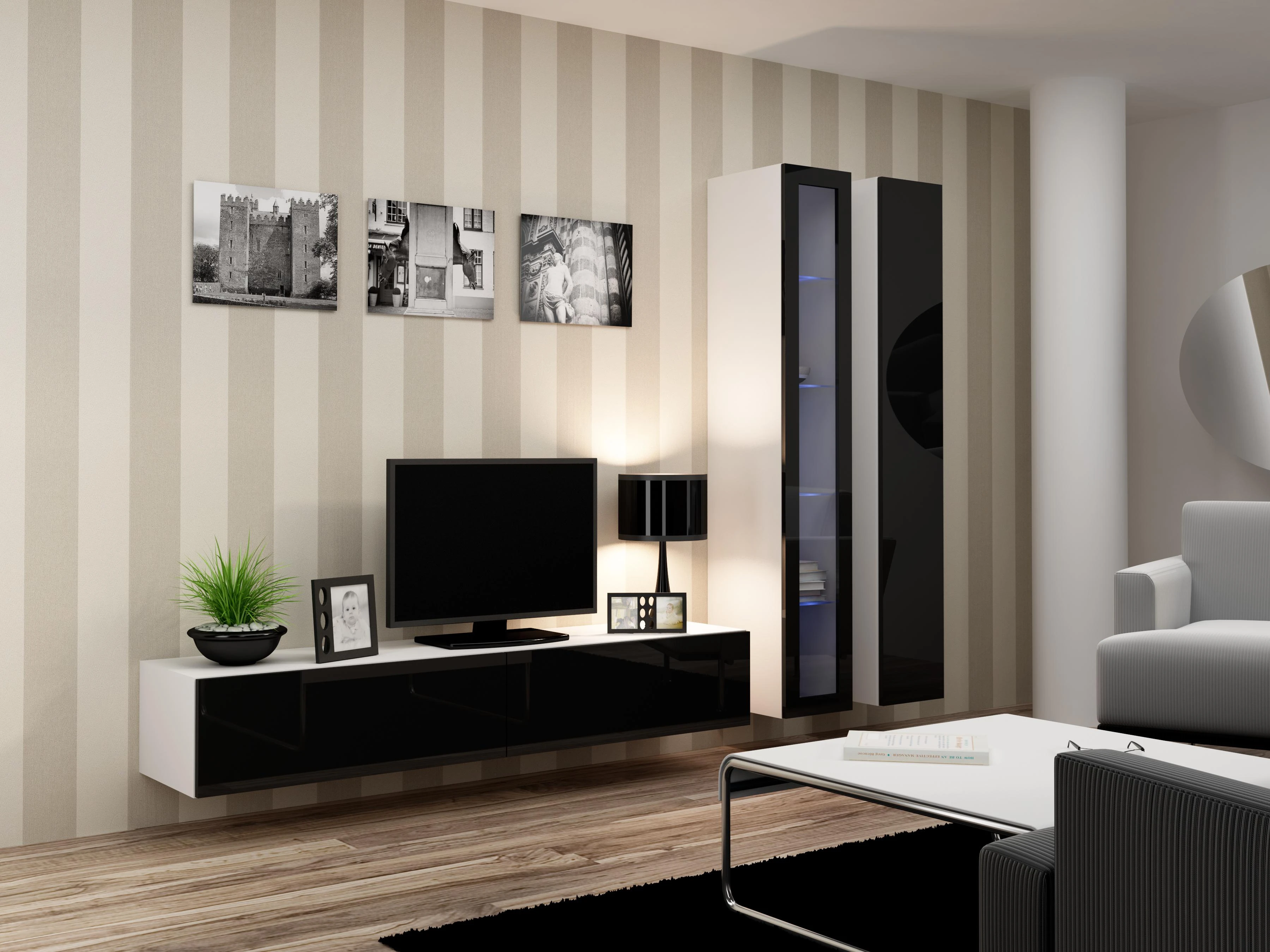 Cama sieninė spintelė VIGO '180' 180/40/30 (spalva: balta/blizgi juoda)
