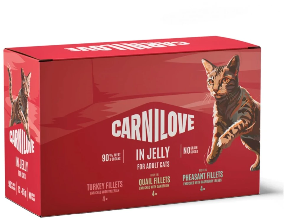 Žemiau pateikiamas vertimas į lietuvių kalbą: Carni Love Katės užkandis drebučiuose dėžutėje – šlapias maistas katėms – 12x85 g