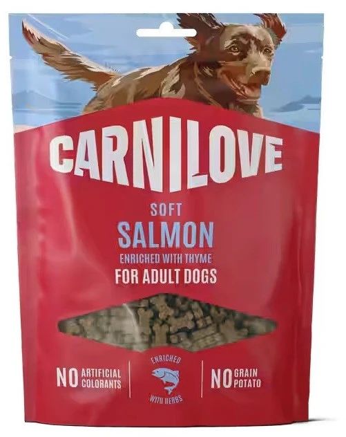 CAV Carni Love Carnilove šunų skanėstai. Minkšti mėsos skanėstai šunims su lašiša ir čiobreliais, 200 g.